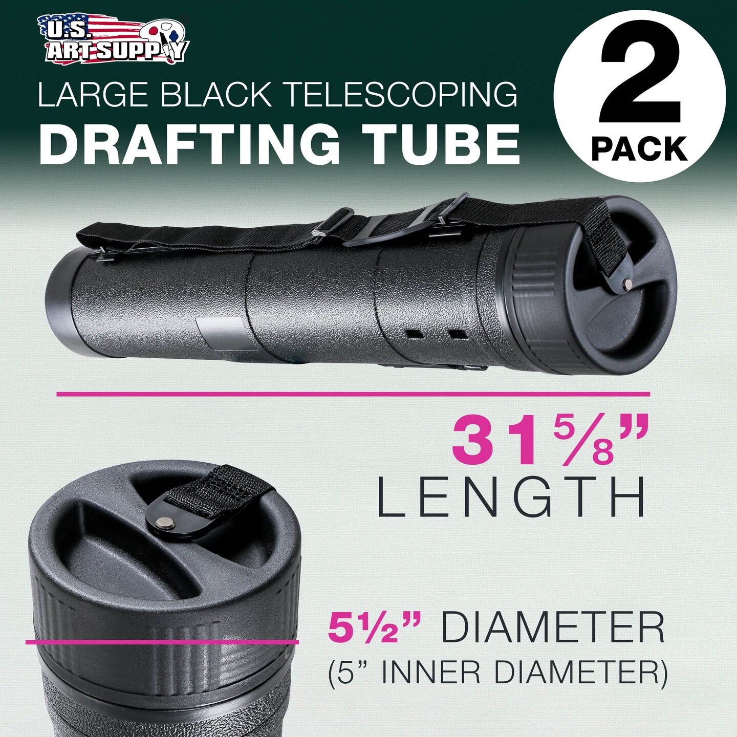 Large Telescoping Drafting Tube (Pack of 2) - 5-1/2&#x22; Outside/5&#x22; Inside Diameter, Expands 31-5/8&#x22; to 53-3/4&#x22;, Durable Protection with Shoulder Strap - Ideal for Posters, Blueprints, Art