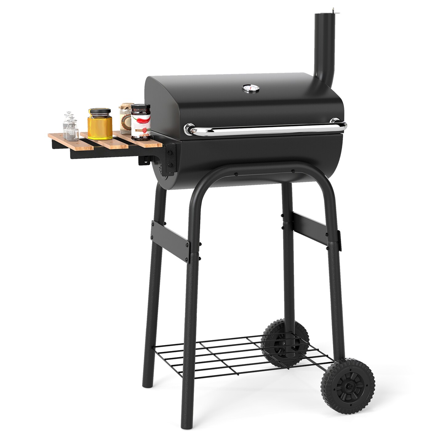 Barrel Charcoal Grill with Foldable Side Table and Thermostat