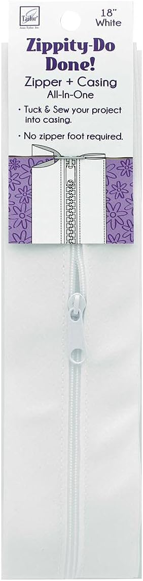 Zippity-Do-Done™ 18" Zipper with Pull – Pre-Sewn Casing “Tuck & Sew” Zipper by June Tailor, White