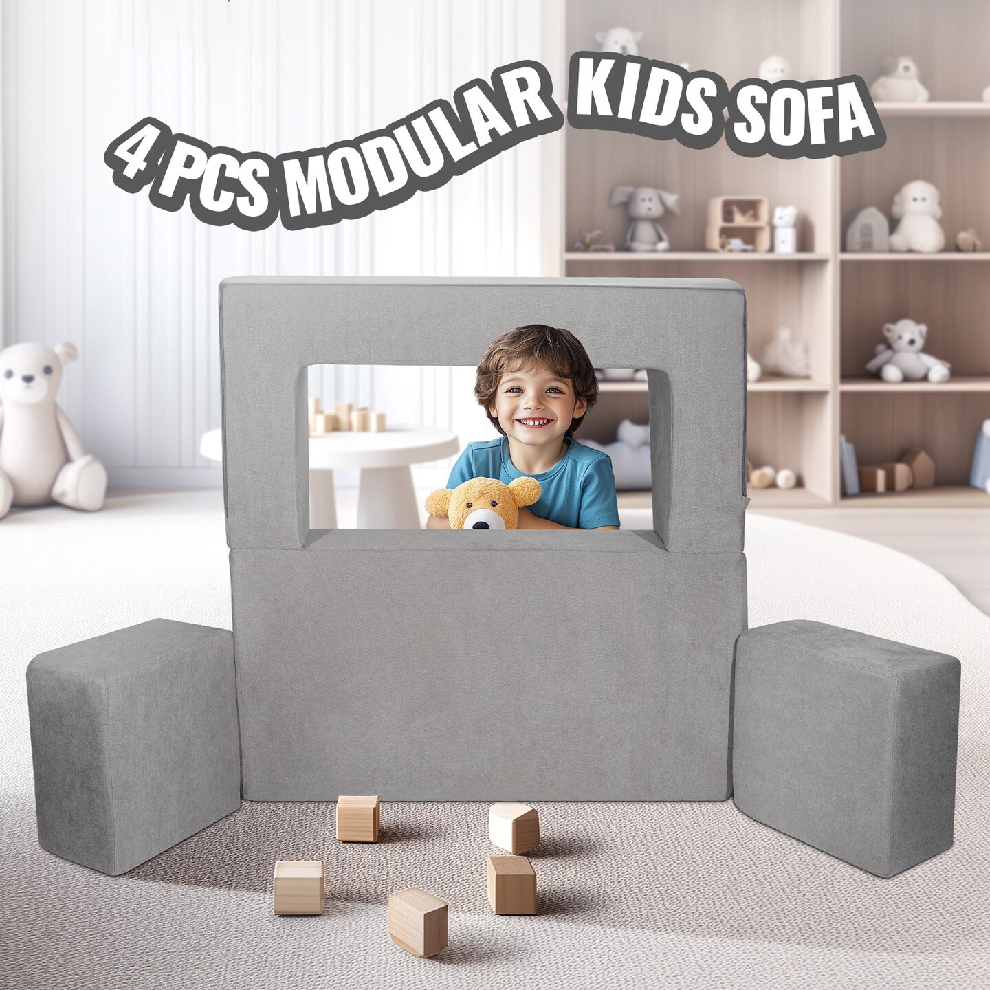 Modular Kids Sofa 4-Piece 25D Foam Couch with Chenille Fabric