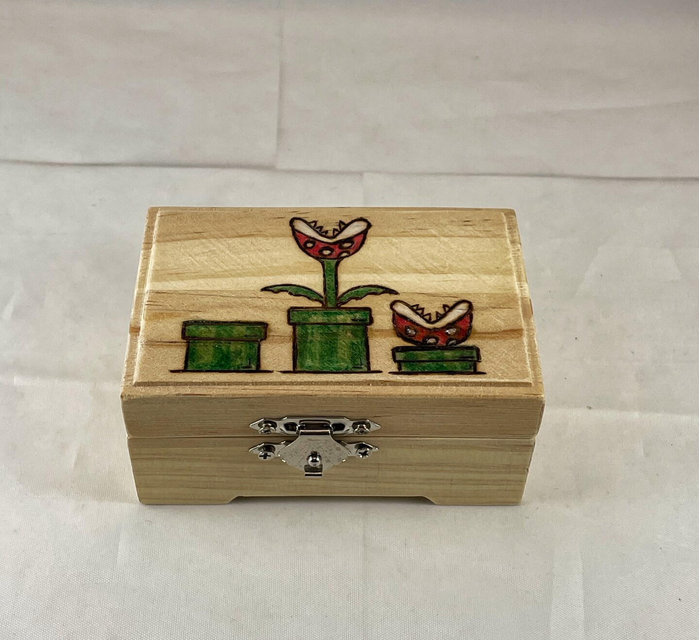 Piranha Plant Wood Burned Small Trinket Box, Wood Burning Art