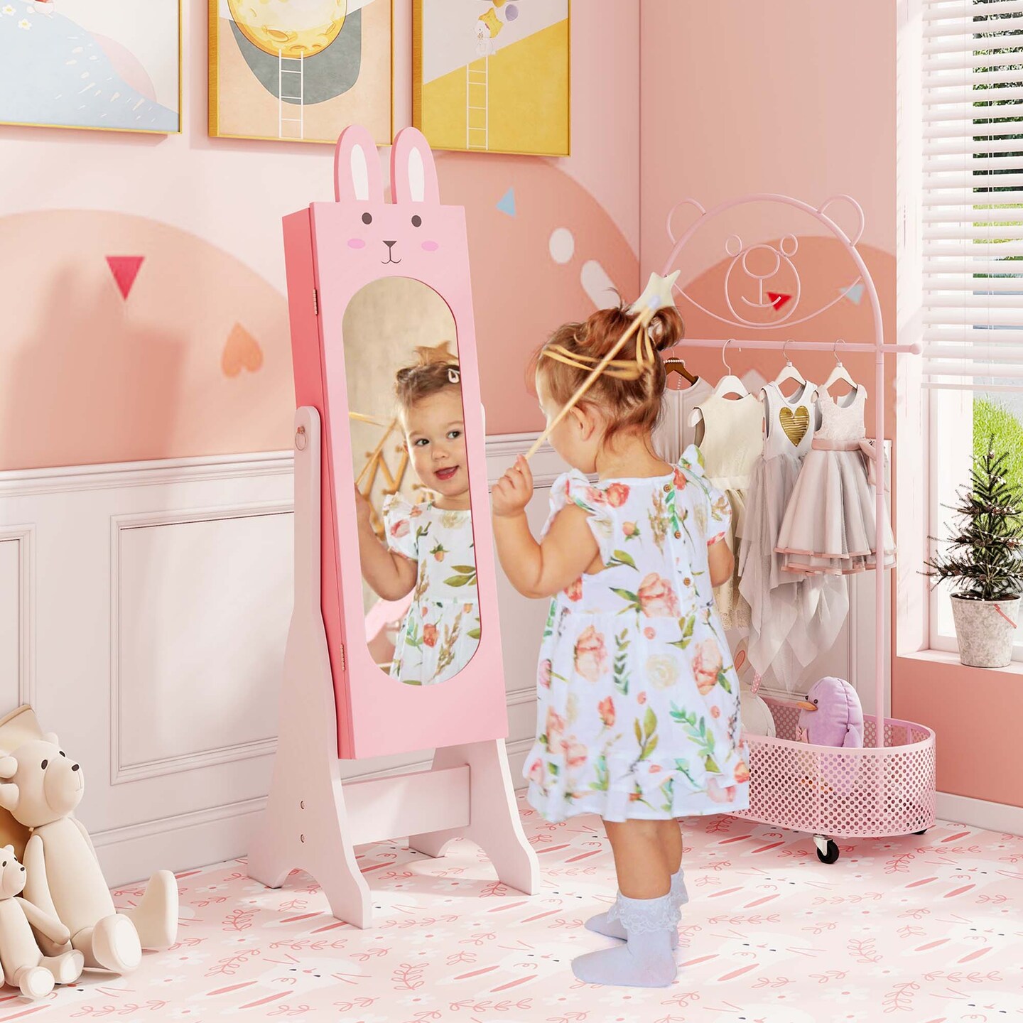 Costway Kids Vanity Set Princess Makeup Dressing Table and Chair Set with Jewelry Armoire White/Pink