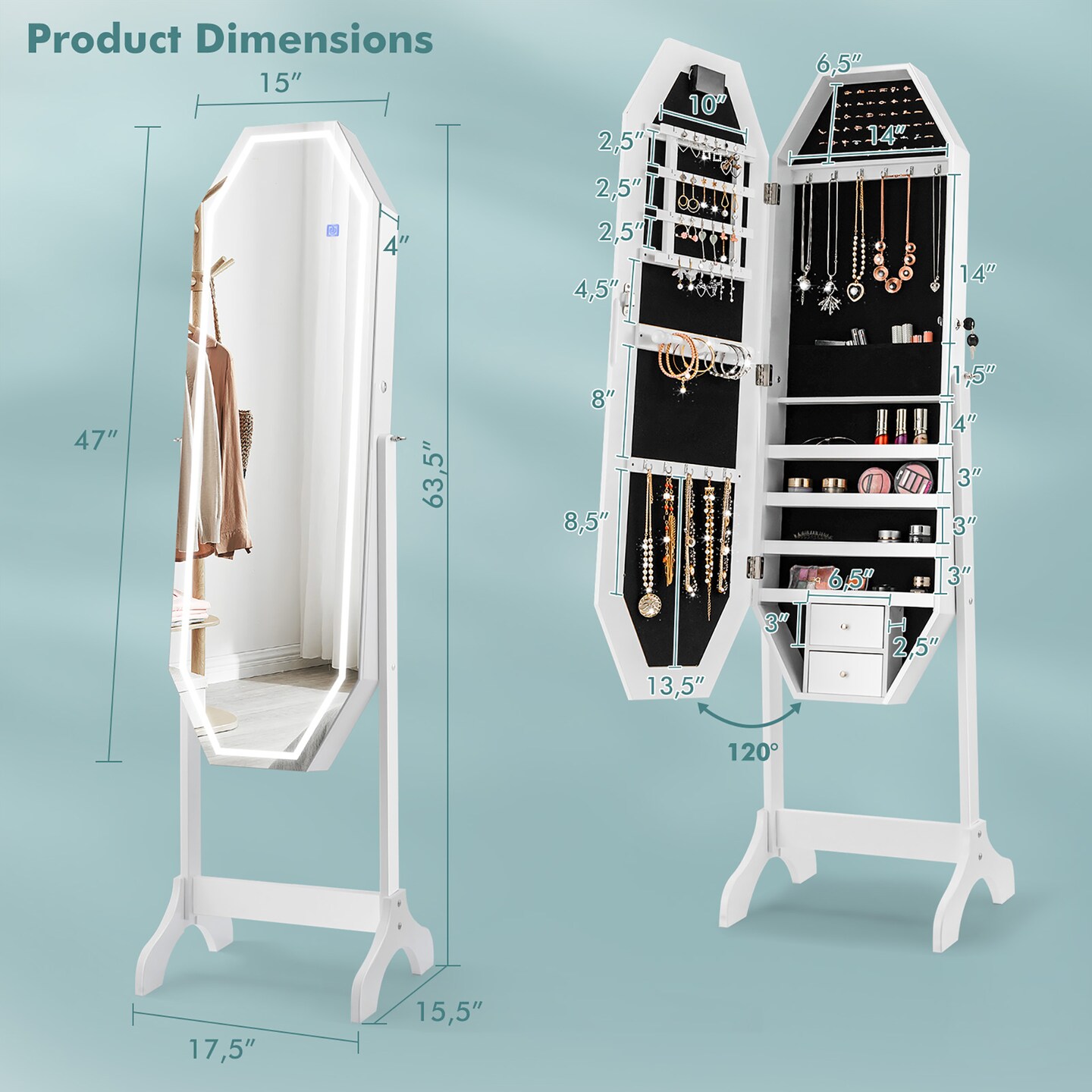 Costway Standing Jewelry Cabinet Armoire Organizer LED Light Mirror Lockable White