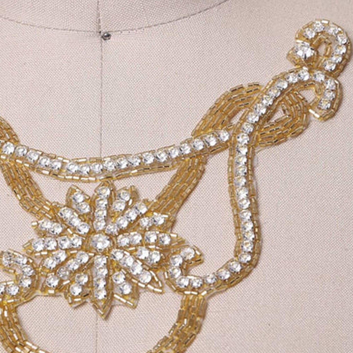 7" x 5" Gold Double Flower Rhinestone Iron On Neck Applique for Dresses and Costumes