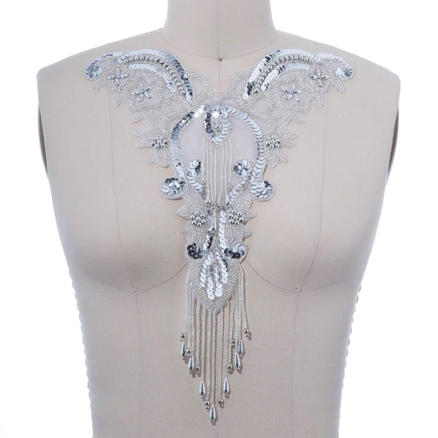 Silver Beaded Neckline Applique with Sequins and Iron On Beaded Fringe for Dancewear