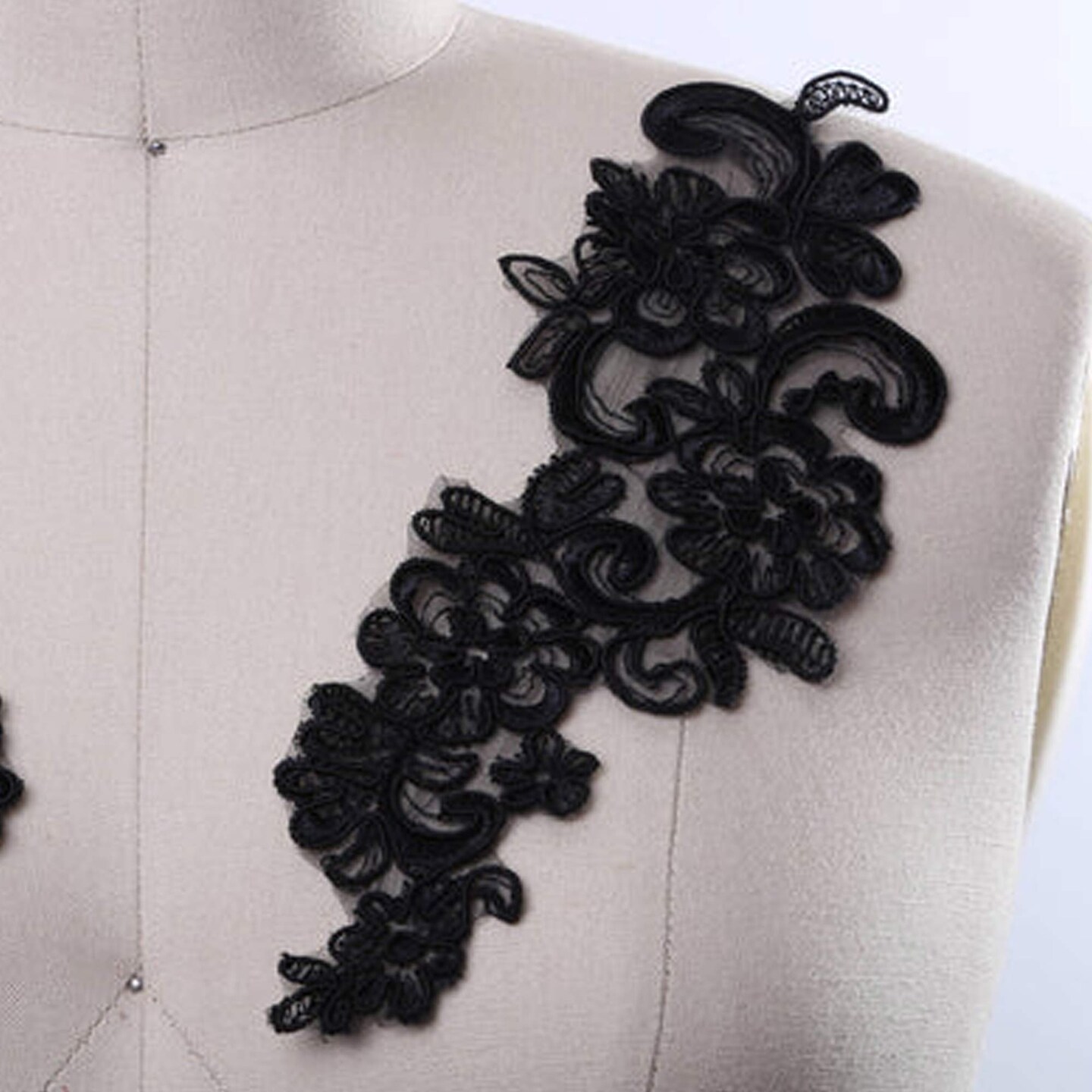 2 Pieces Small 7.25x3 Black Alencon Lace Patch Applique Floral Swirls