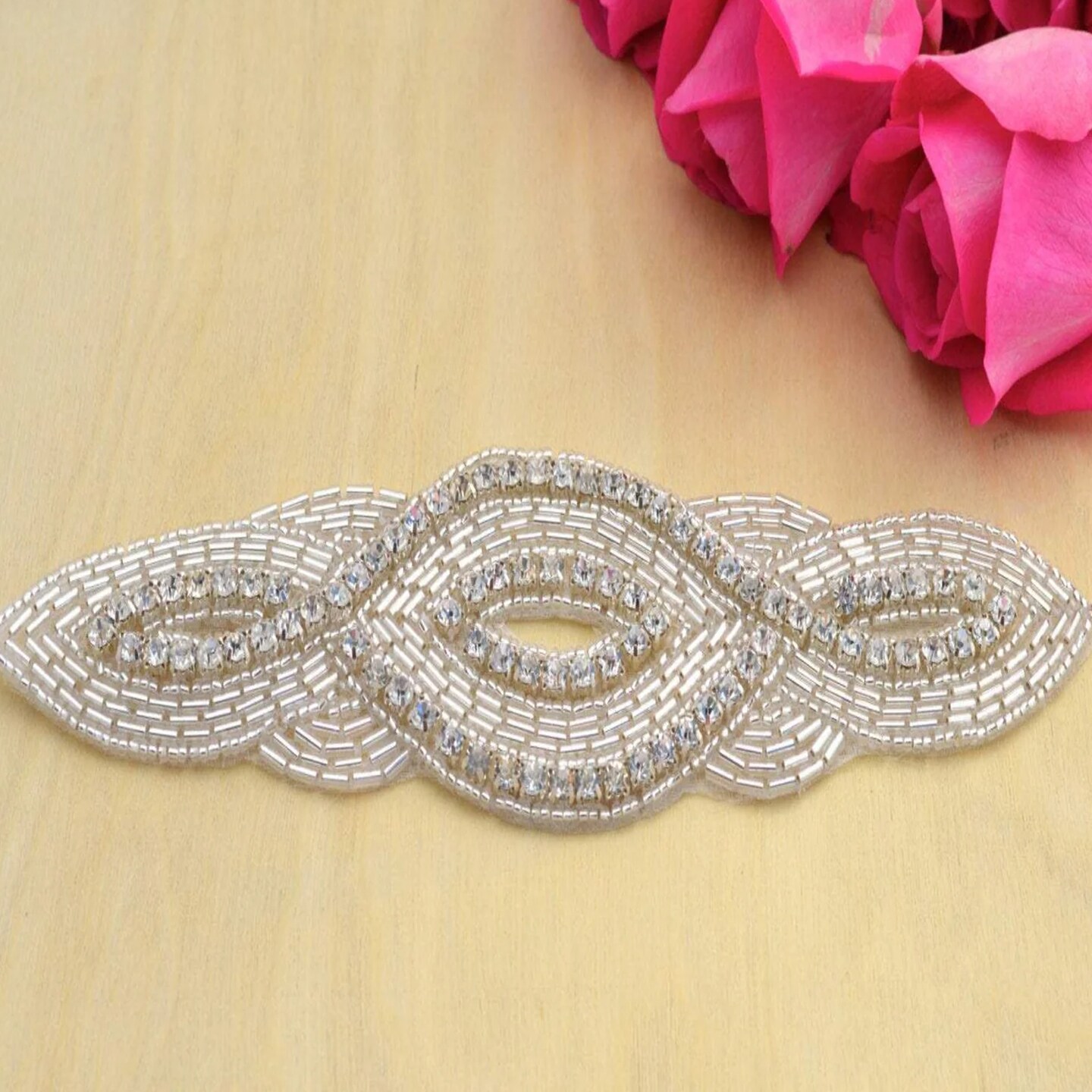 7.5" x 2" Silver Rhinestone Beaded Applique Patch for Wedding Gown Headpiece DIY