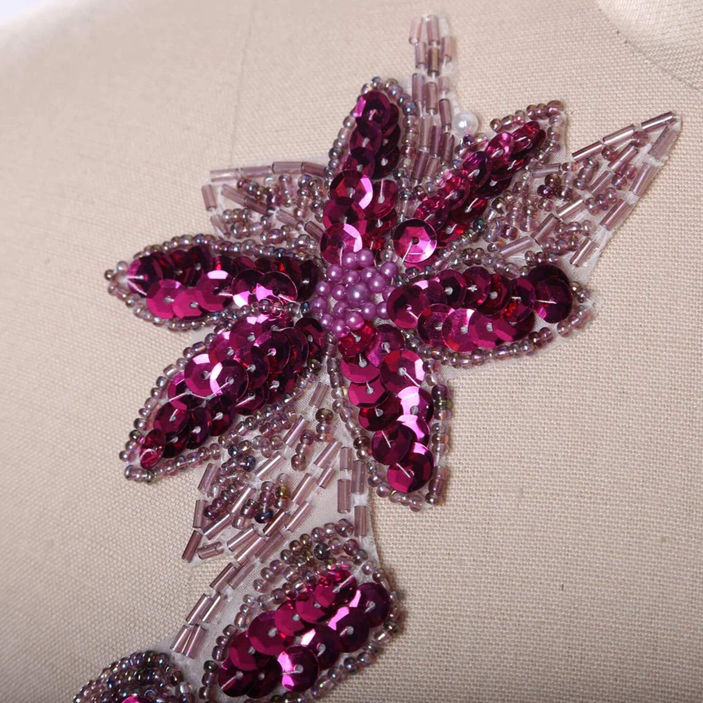 6&#x22; x 3.25&#x22; Magenta Beaded Flower Patches Set of 2 Sequined Iron-On Appliques with Leaf Detail