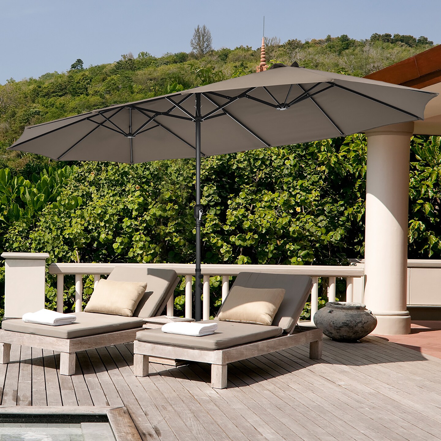 15 ft market patio umbrella PHI VILLA 15ft Large Outdoor with Base Included, Navy Blue duty base 15-Foot Patio Market Umbrella, Double-Sided