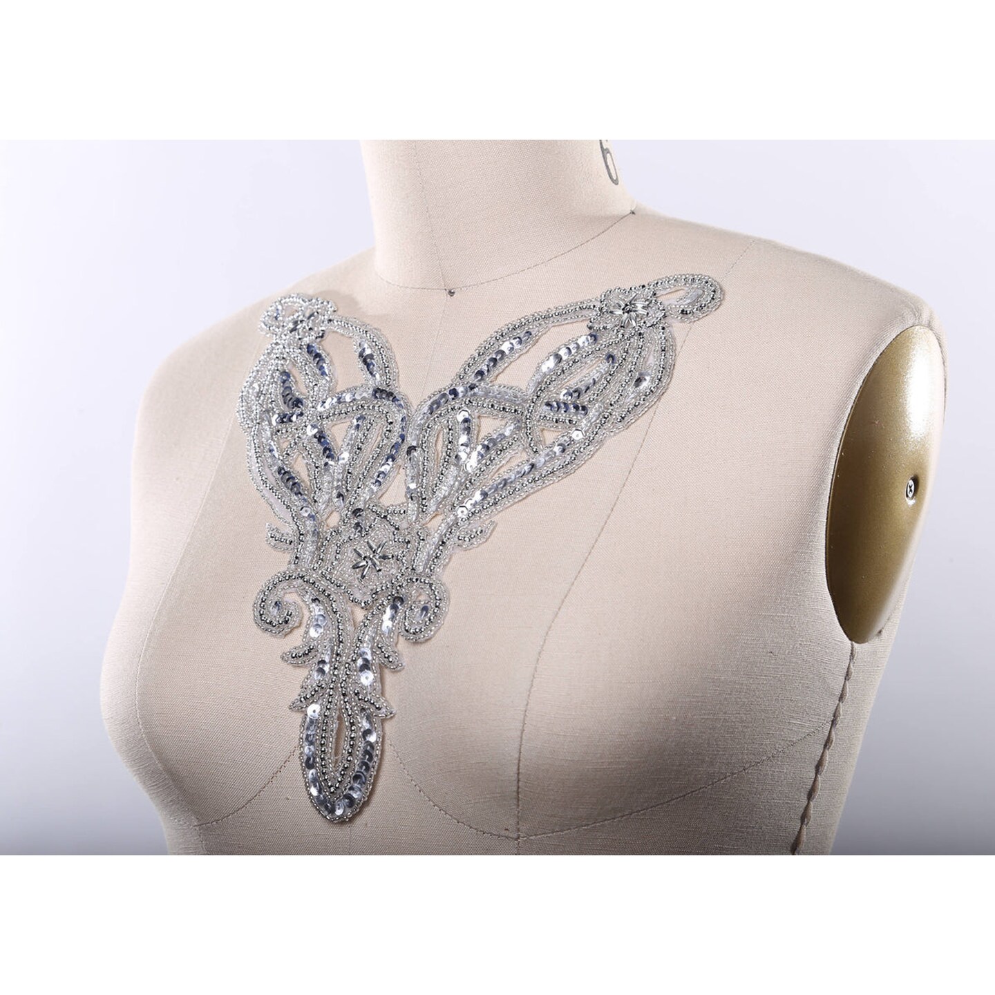 Silver Beaded Sequin Collar Applique Patch Victorian Costume Neck Trim