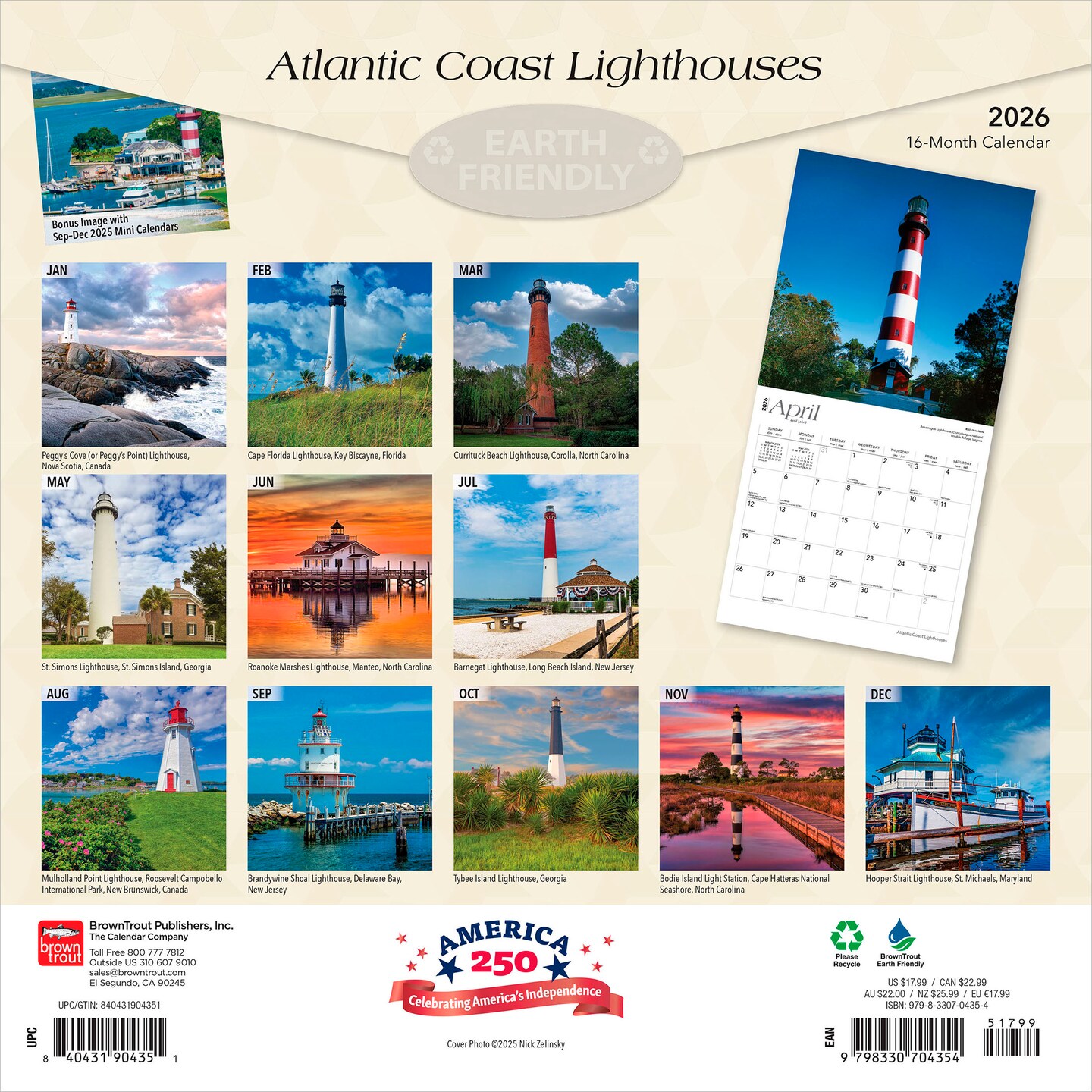 Atlantic Coast Lighthouses | 2026 12 x 24 Inch (Hanging) Monthly Square Wall Calendar | Plastic-Free