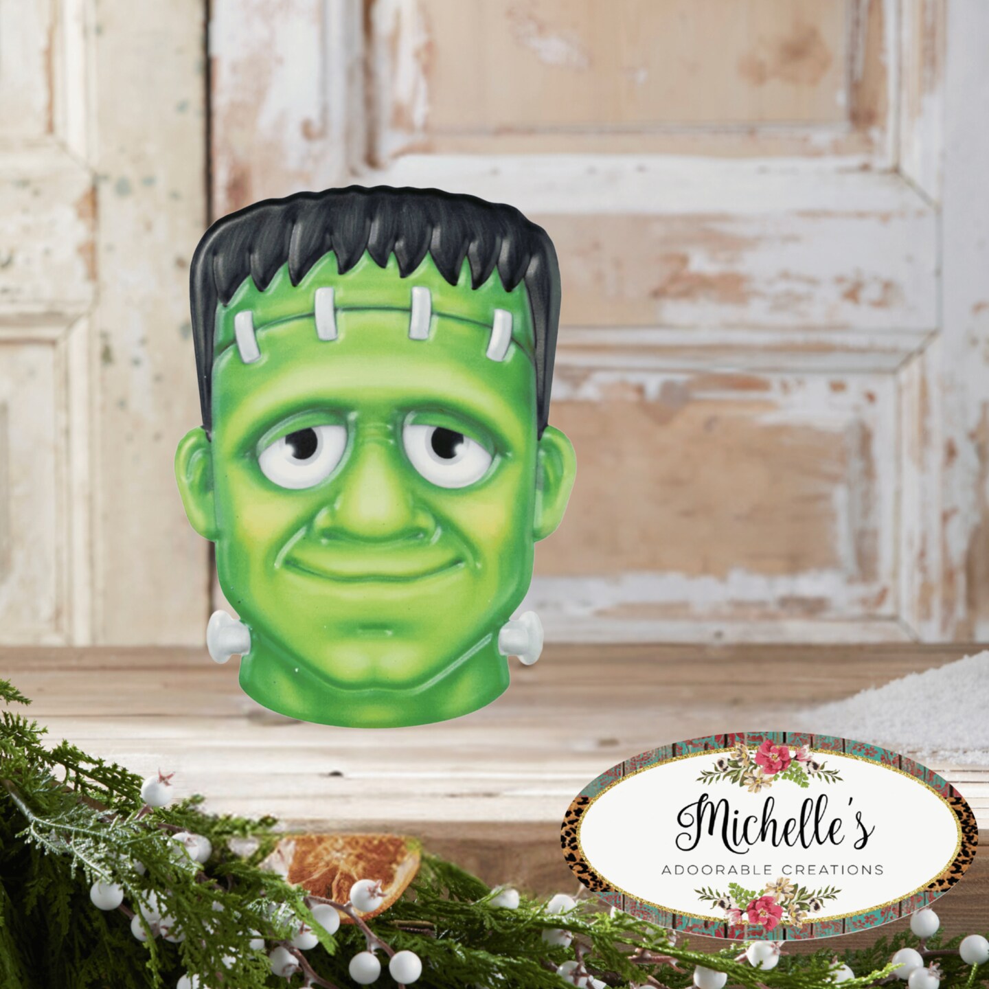 12&#x22; Metal Embossed Sign: Frankenstein (Green)