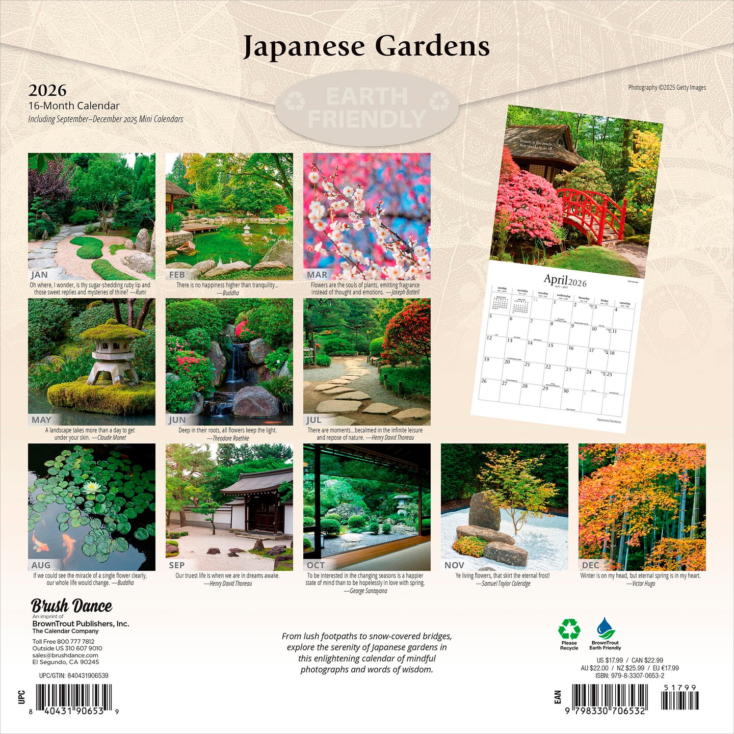 Japanese Gardens | 2026 12 x 24 Inch (Hanging) Monthly Square Wall Calendar | Plastic-Free