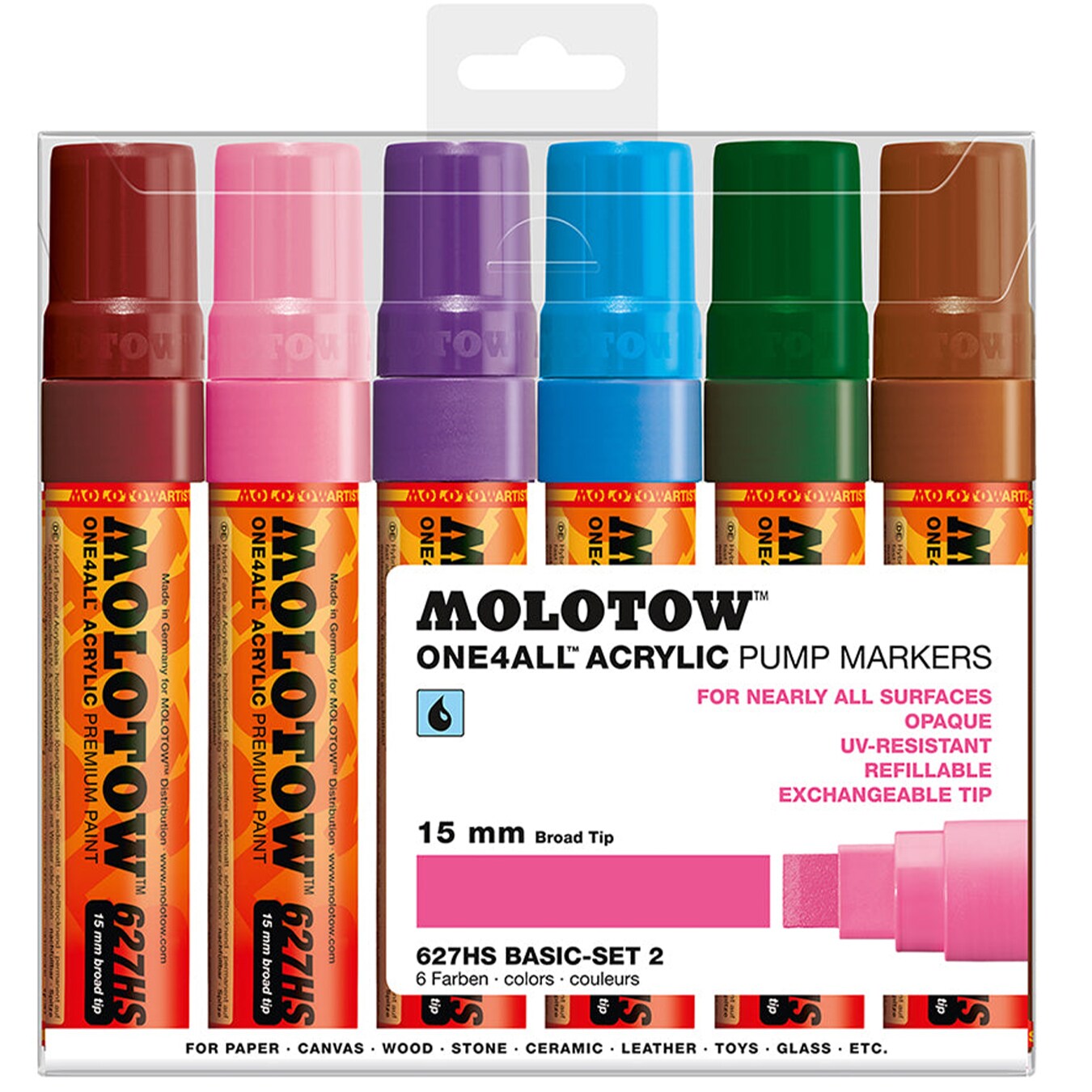 Molotow ONE4ALL Acrylic Paint Marker Set, 6 Basic Colors #2, 15mm, Assorted Colors, 1 Set Each