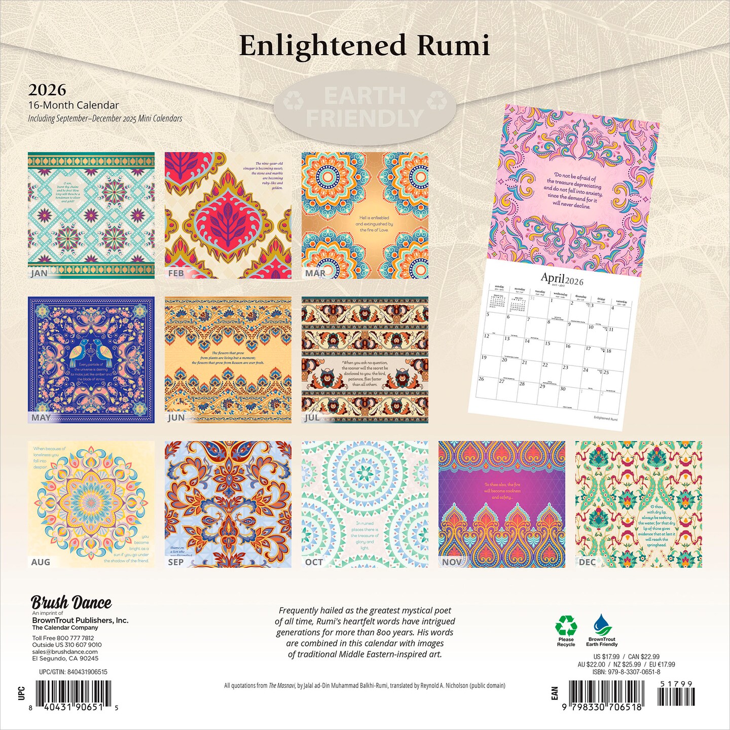 Enlightened Rumi | 2026 12 x 24 Inch (Hanging) Monthly Square Wall Calendar | Plastic-Free
