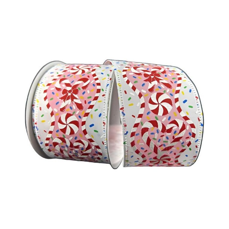 2.5&#x22; Candy Cane Sprinkle Ribbon: White (10 Yards)
