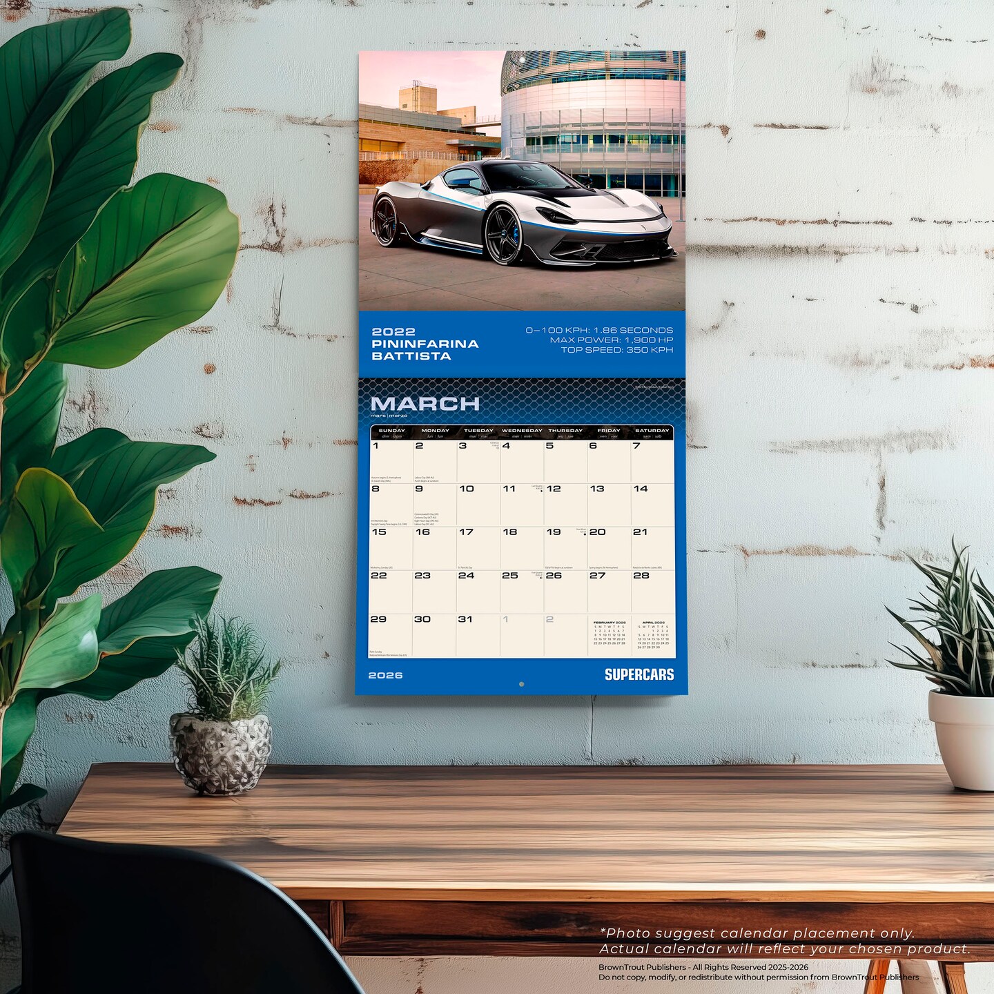 Supercars | 2026 12 x 24 Inch (Hanging) Monthly Square Wall Calendar | Plastic-Free