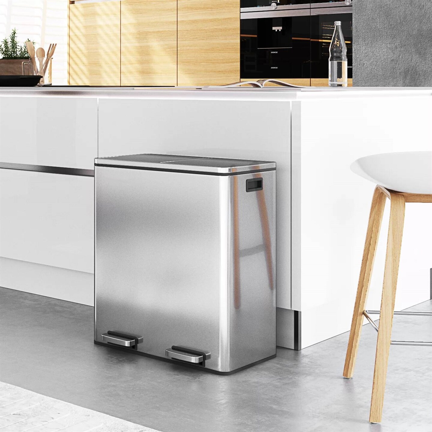Silver Stainless Steel Dual Compartment Trash Can with Step-On Pedals and Soft Close