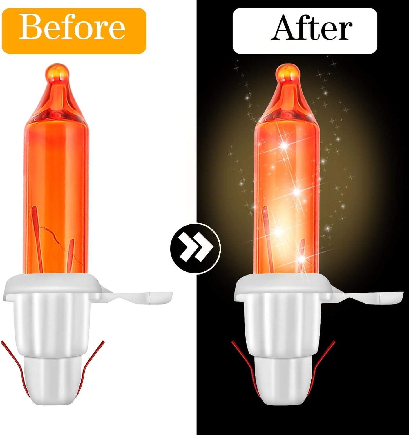 100-Count Mini Incandescent Christmas Light Replacement Bulbs – 2.5V 0.425W Warm Orange Bulbs with White Bases, Compatible with 50/100/150/200 Count Prelit Tree & String Lights