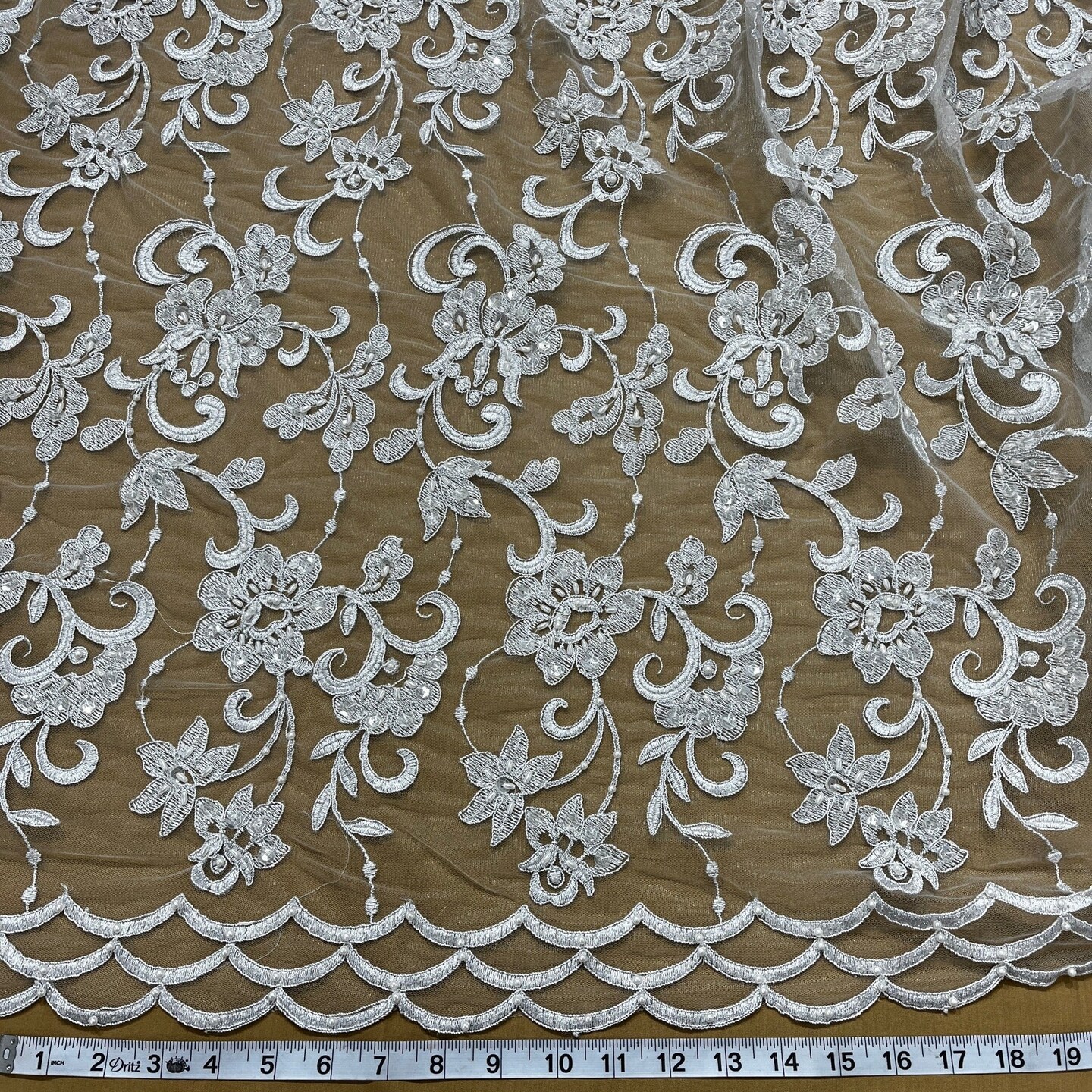 1 Yard Silver Beaded Corded Bridal Lace Fabric Embroidered Elegant Net Mesh Gown 52" Width