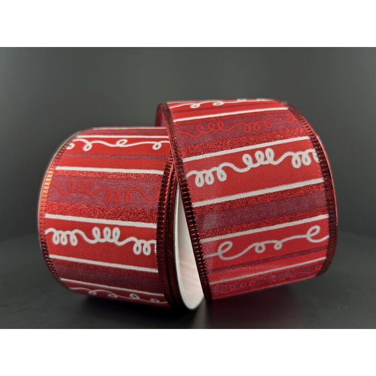 2.5&#x22; Glitter Loopy Stripes Ribbon: Dark Red &#x26; White