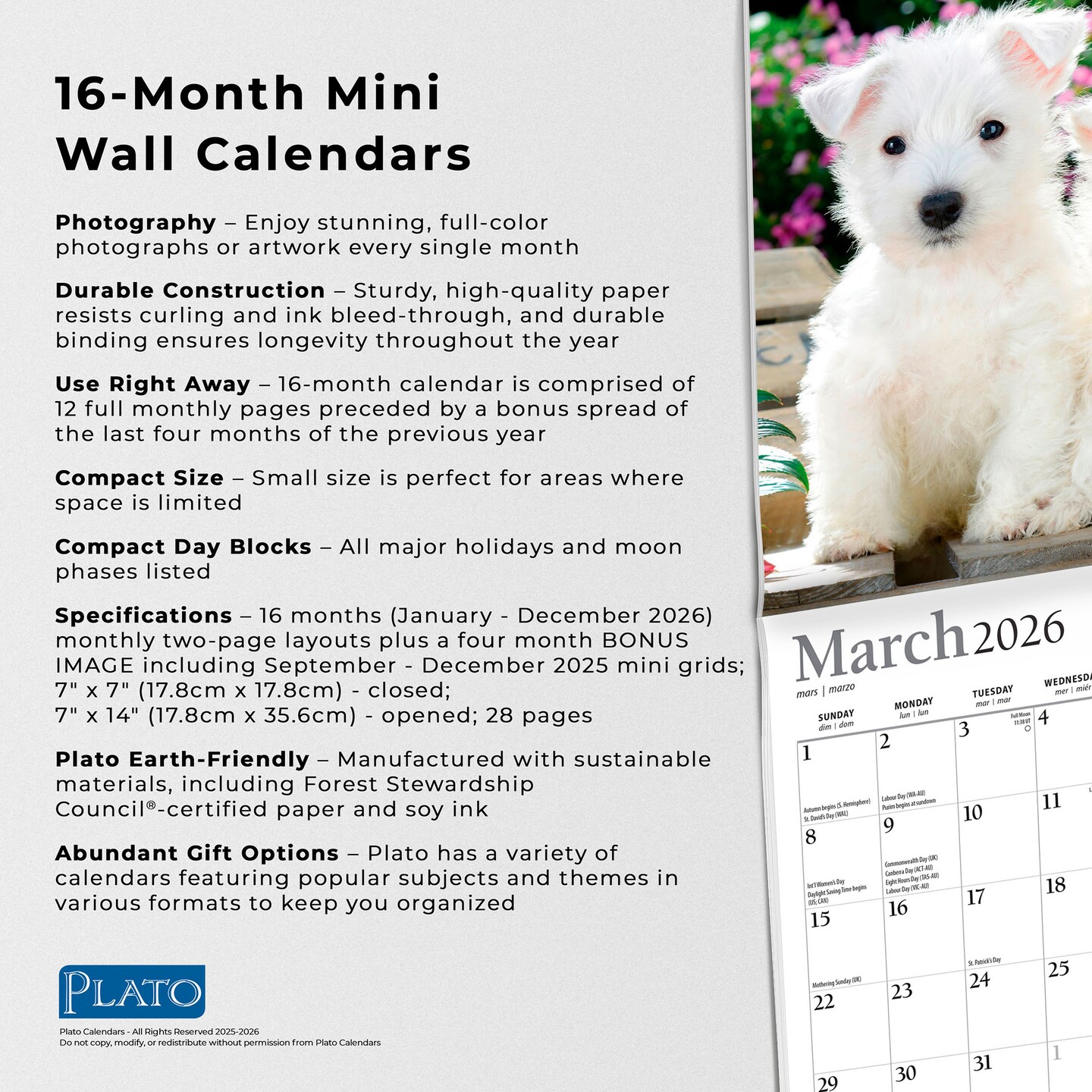 Puppy Pals | 2026 7 x 14 Inch (Hanging) Monthly Mini Wall Calendar | Foil Stamped Cover