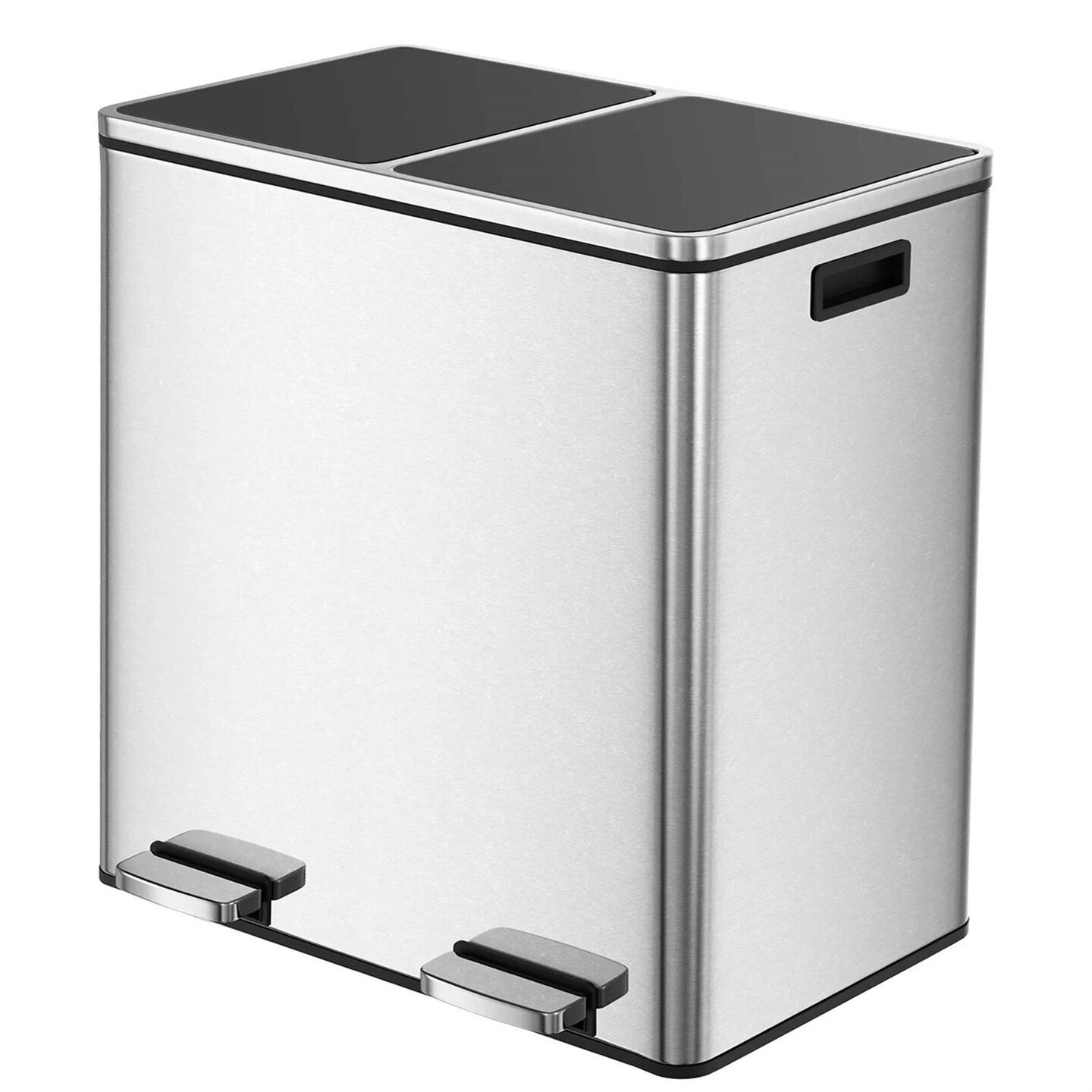 Silver Stainless Steel Dual Compartment Trash Can with Step-On Pedals and Soft Close