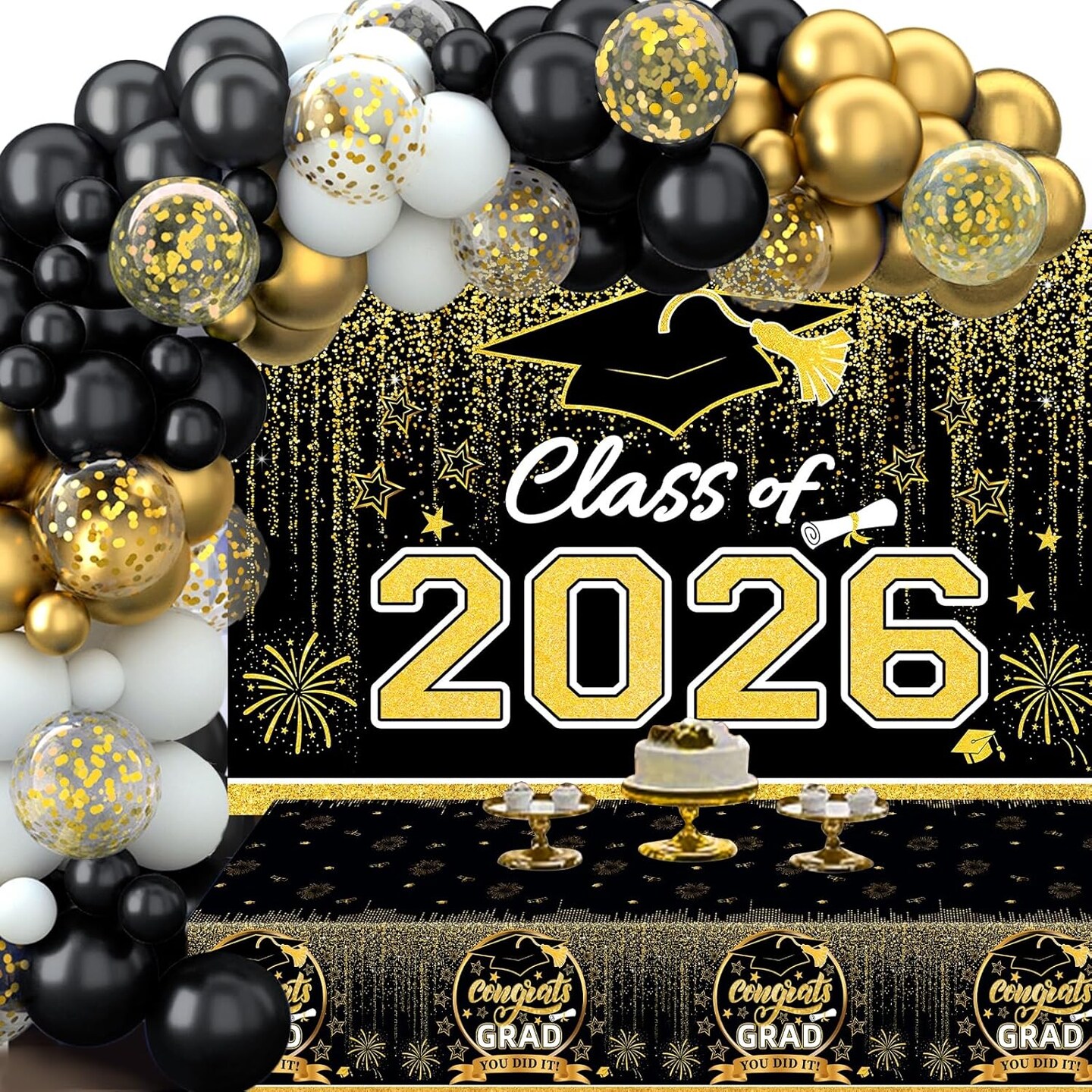 Graduation Decorations 2026, Black and Gold Balloon Garland Arch, Black and Gold Graduation Decorations with Congrats Grad Tablecloth and Class of 2026 Backdrop for High School College Grad Party