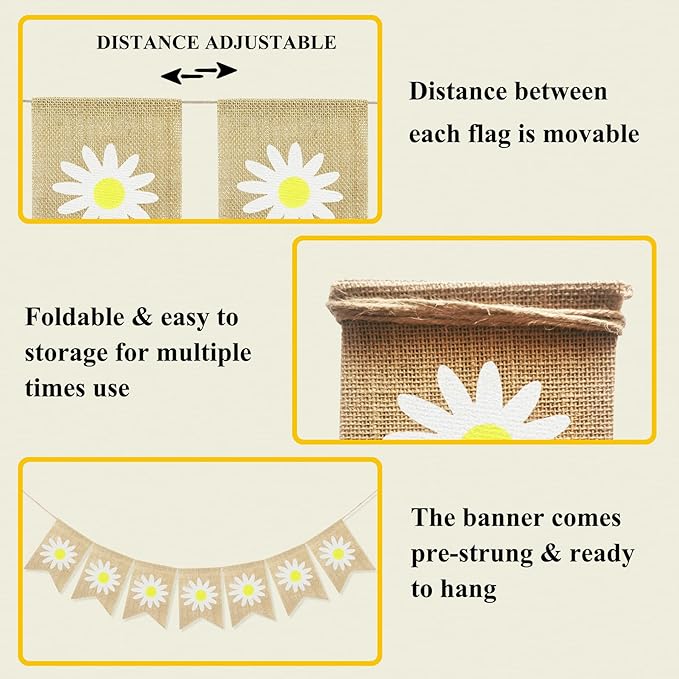 Spring Flower Banner Burlap Rustic Spring Bunting Garland Daisy Flower for Spring Theme Party Decorations Mantel Fireplace Wall Decor