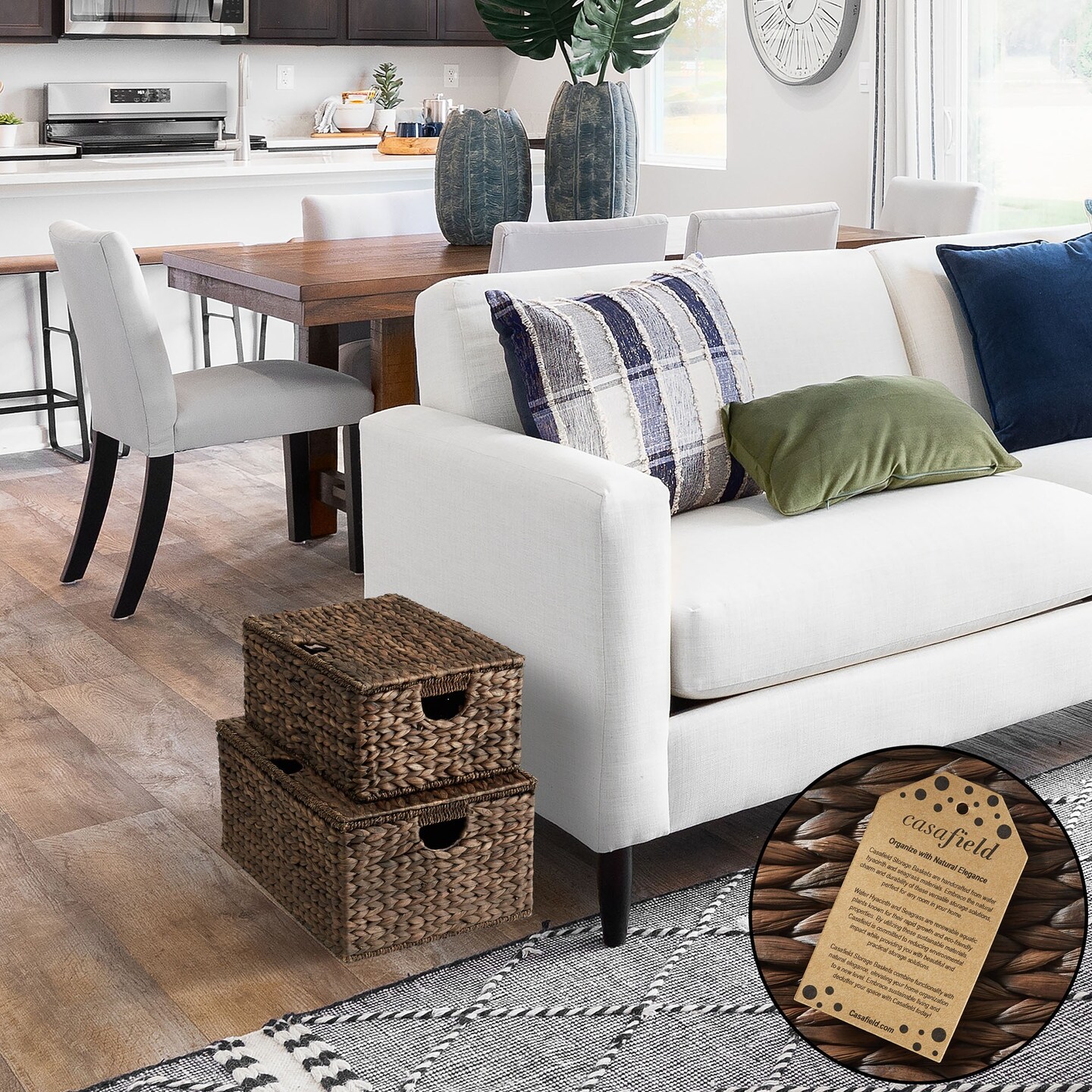 Water Hyacinth Storage Baskets with Lids, Rectangular Woven Wicker Tote Bins