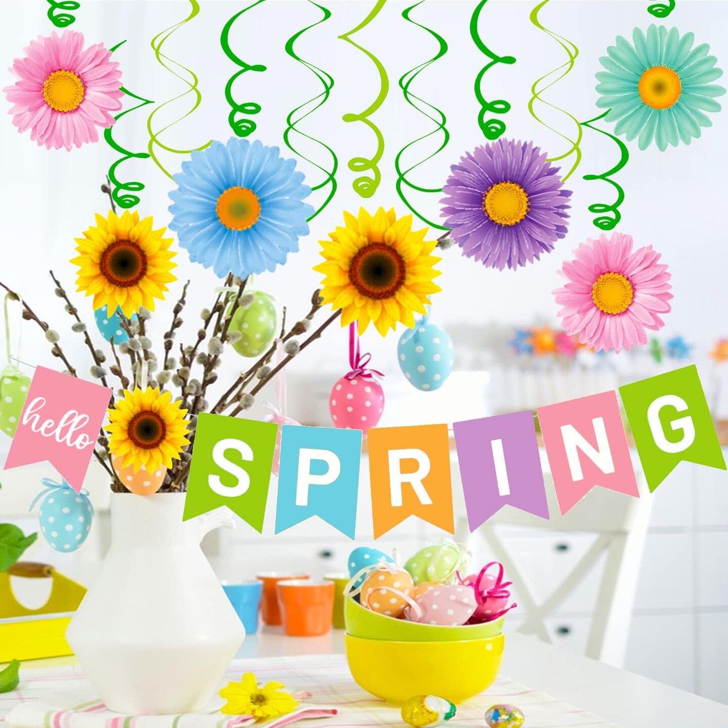 Hello Spring Banner Colorful Spring Flower Hanging Swirls Spring Sun Flowers Daisy Pattern Hanging Banner for Spring Easter Party Decorations Mantle Fireplace Indoor Outdoor Home Classroom Decorations