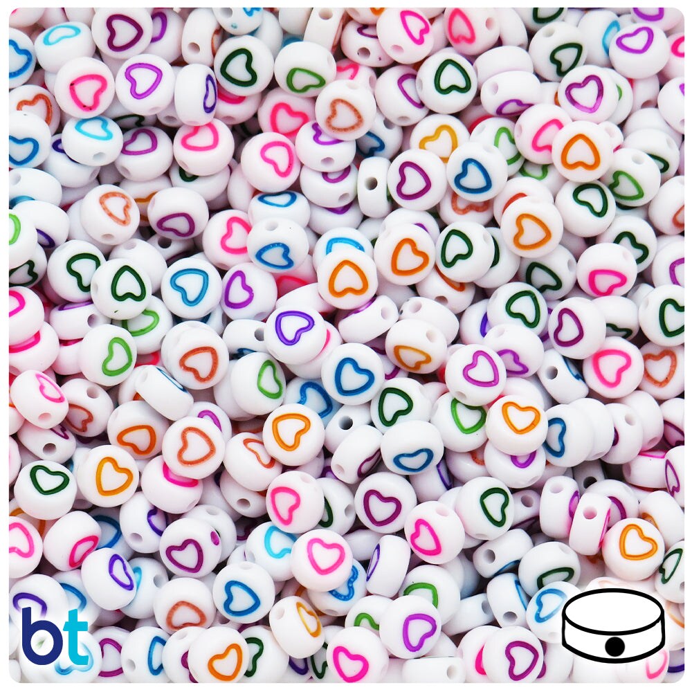 BeadTin White Opaque 7mm Coin Plastic Alpha Beads - Colored Hollow Hearts (250pcs)