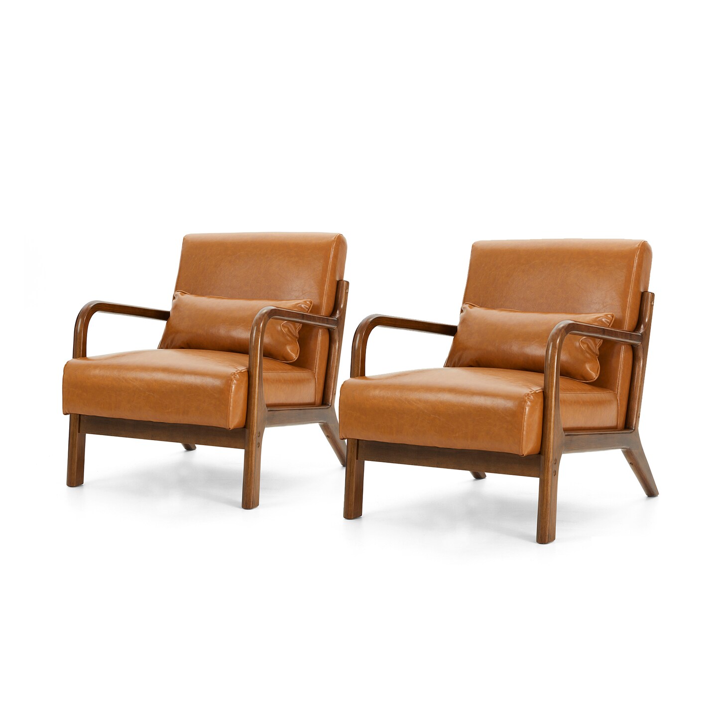 Set of 2 30.75"H Mid-Century Modern PU Leather Armchair Accent Chairs with Pillow