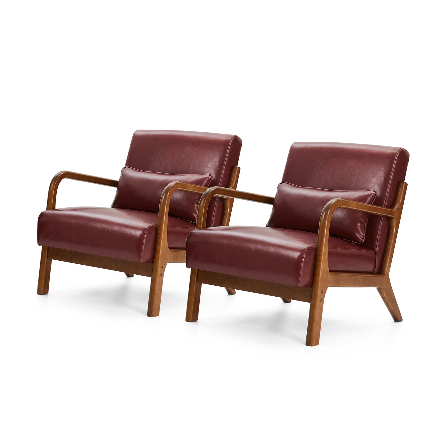 Set of 2 30.75"H Mid-Century Modern PU Leather Armchair Accent Chairs with Pillow