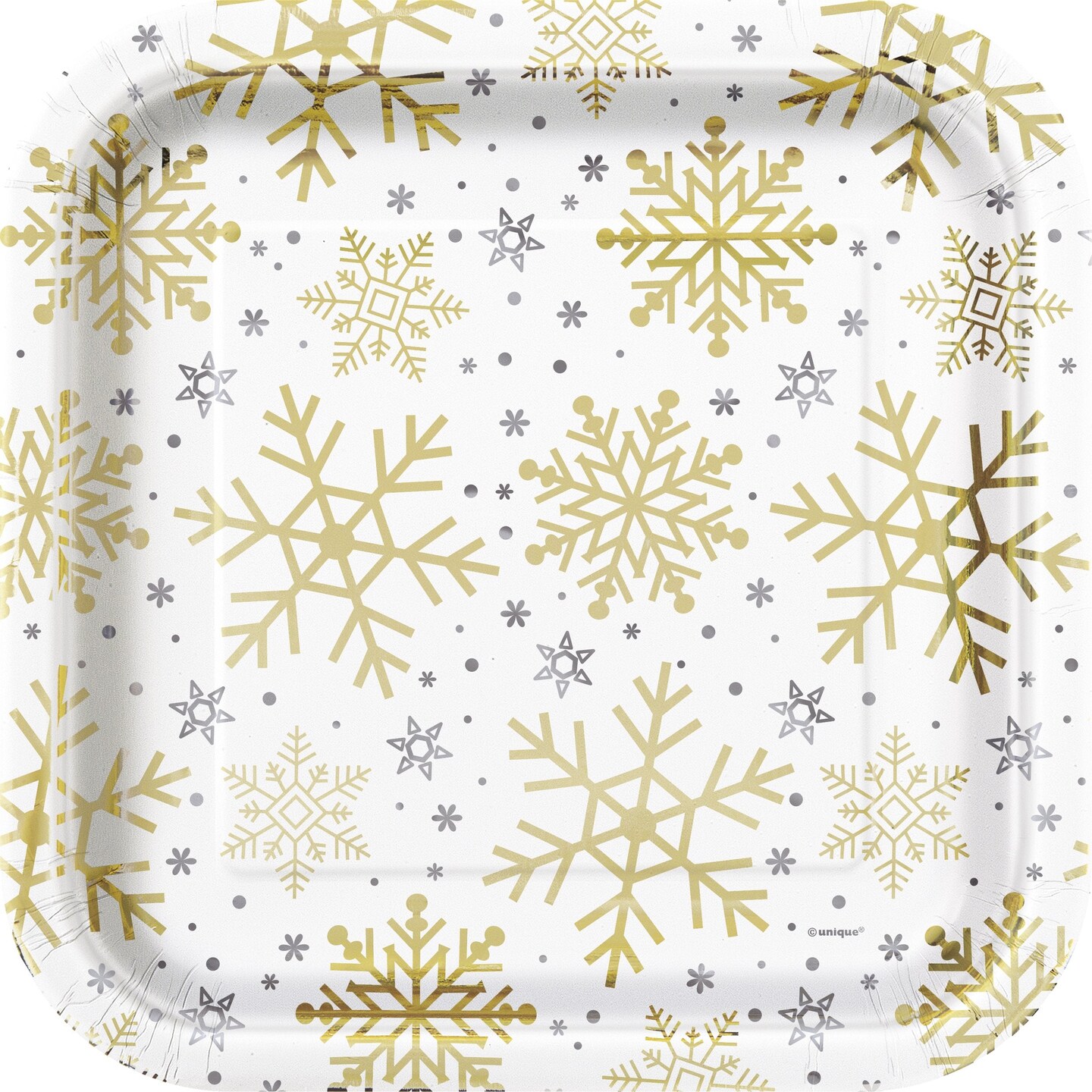 Silver &#x26; Gold Holiday Snowflakes Square 9&#x22; Dinner Plates 8ct