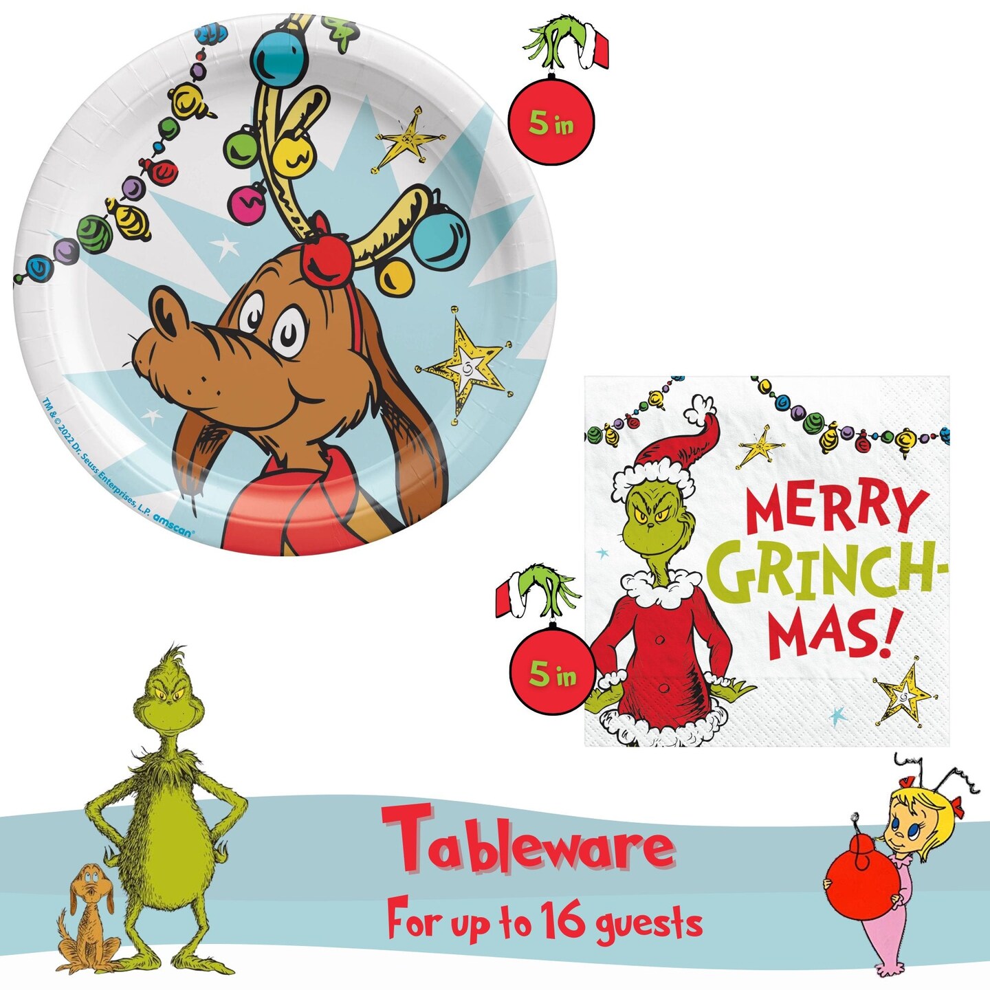 Dr. Seuss The Grinch Christmas Party Supplies Bundle with Appetizer Plates Featuring &#x22;Max&#x22; and The Grinch Napkins for 16 Guests - Serves 16
