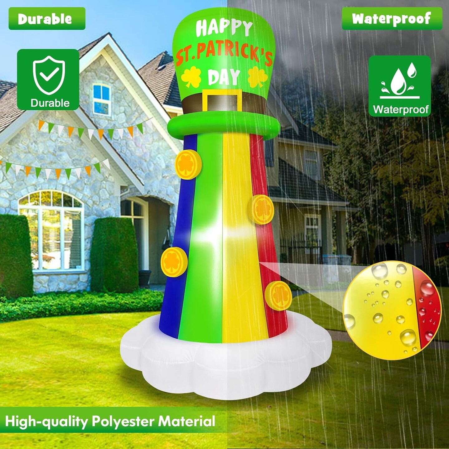 6FT St. Patrick's Day Inflatable Outdoor Decorations Blow Up Rainbow with Hat Yard Decorations Built-in LED Light Inflatable St Patricks Shamrock for Garden, Lawn, Holiday, Party Decor