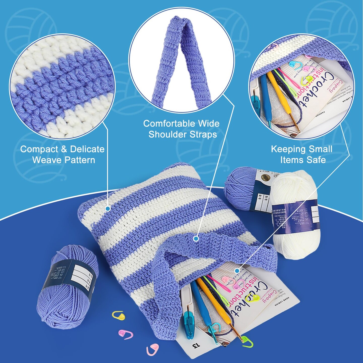 Crochet Set for Crochet Shoulder Bag, Crochet Kit for Beginners Included Instructions &#x26; Crochet Accessories Tools, Complete Crochet Starter Kit Learn to Crochet Blue and White Striped Tote Bag