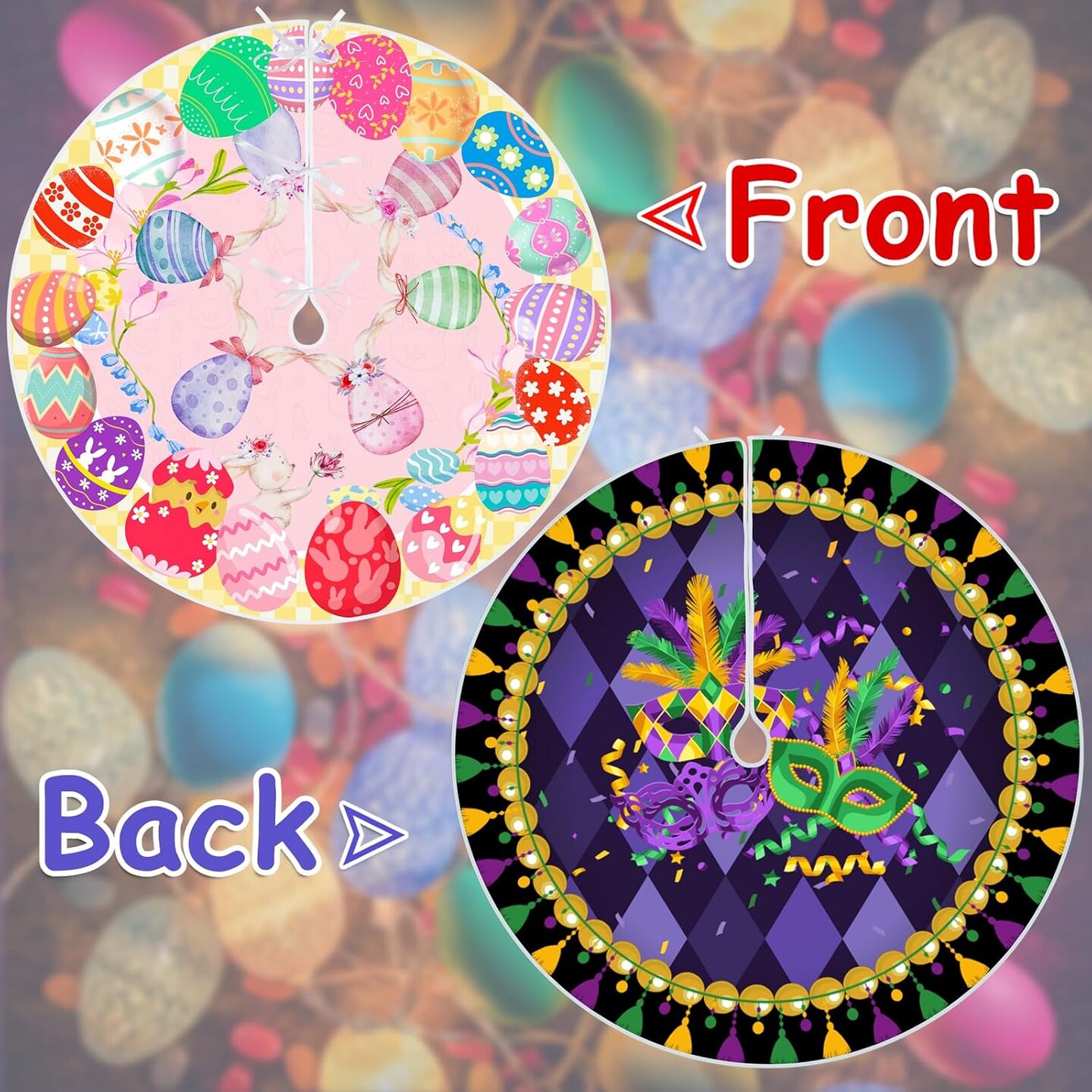 36 Inch Mardi Gras Tree Skirt Carnival Tree Skirt Easter Tree Skirt Double Sided Mat with Masquerade Mask Feather Easter Bunny Eggs Pattern Christmas Tree Skirt for Holiday Decoration (36")
