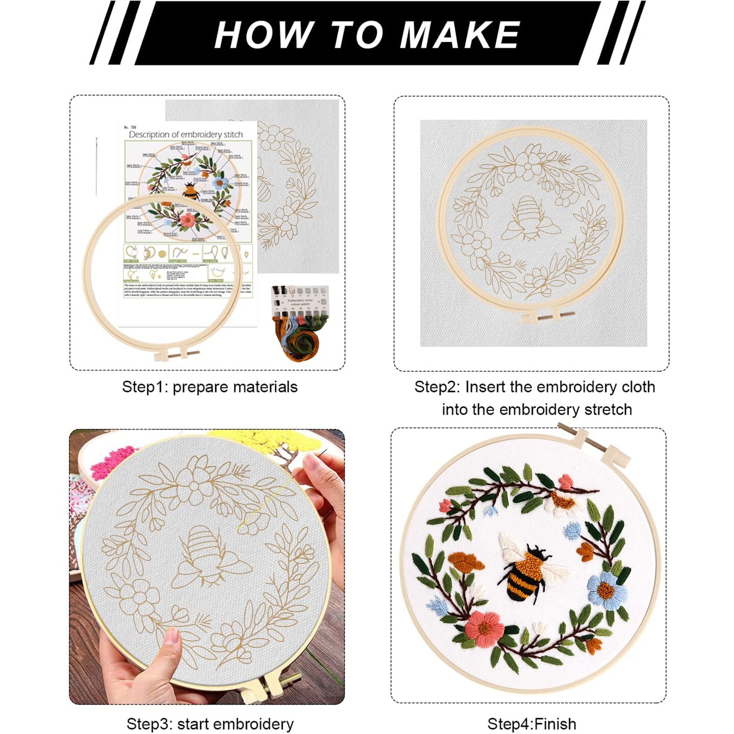 Embroidery Starter Kit for Beginners, 3 Sets Cross Stitch Kits for Adults, Include Embroidery Clothes with Cute Bees and Flowers Patterns, 1 Embroidery Hoop, Threads, Needles and Instruction
