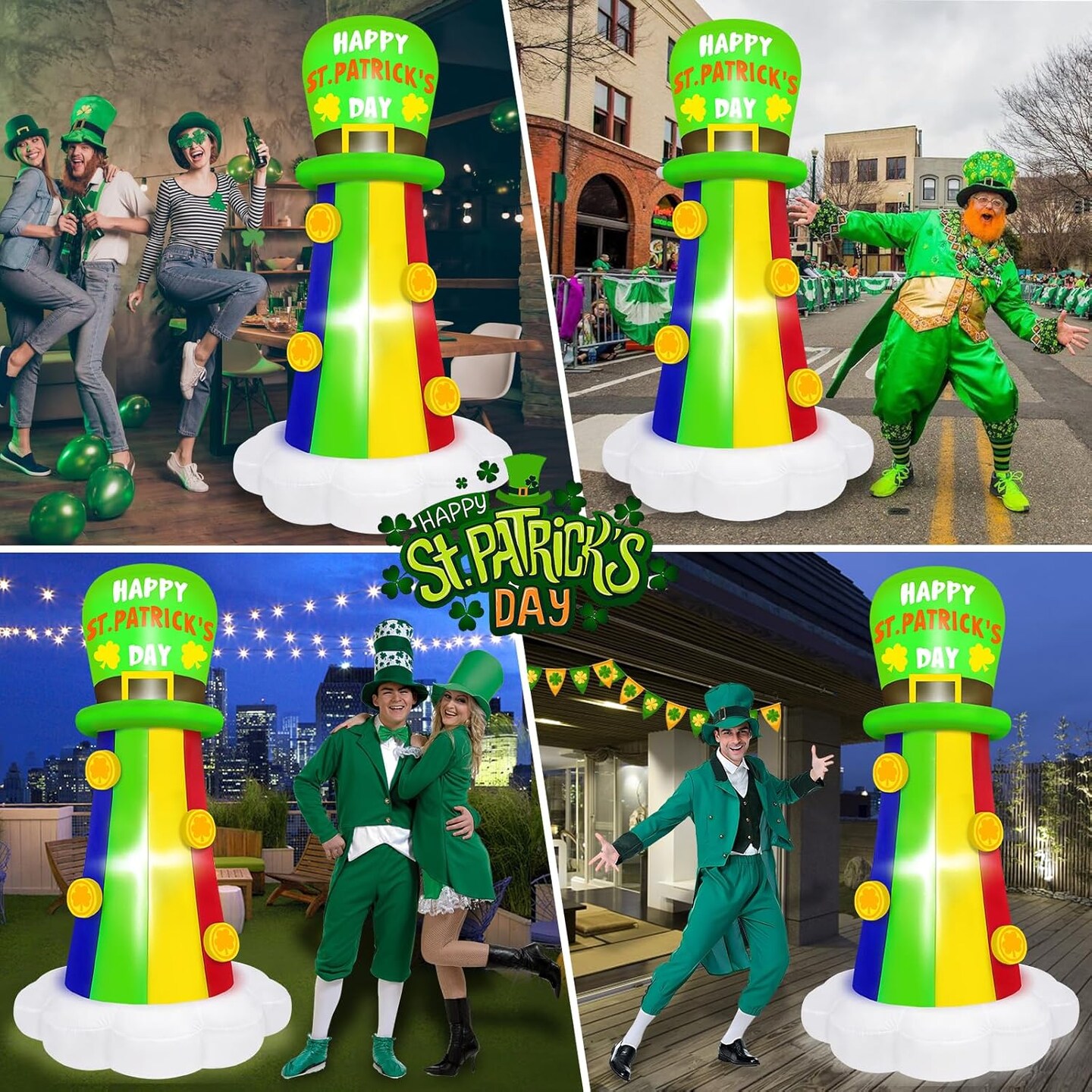 6FT St. Patrick's Day Inflatable Outdoor Decorations Blow Up Rainbow with Hat Yard Decorations Built-in LED Light Inflatable St Patricks Shamrock for Garden, Lawn, Holiday, Party Decor