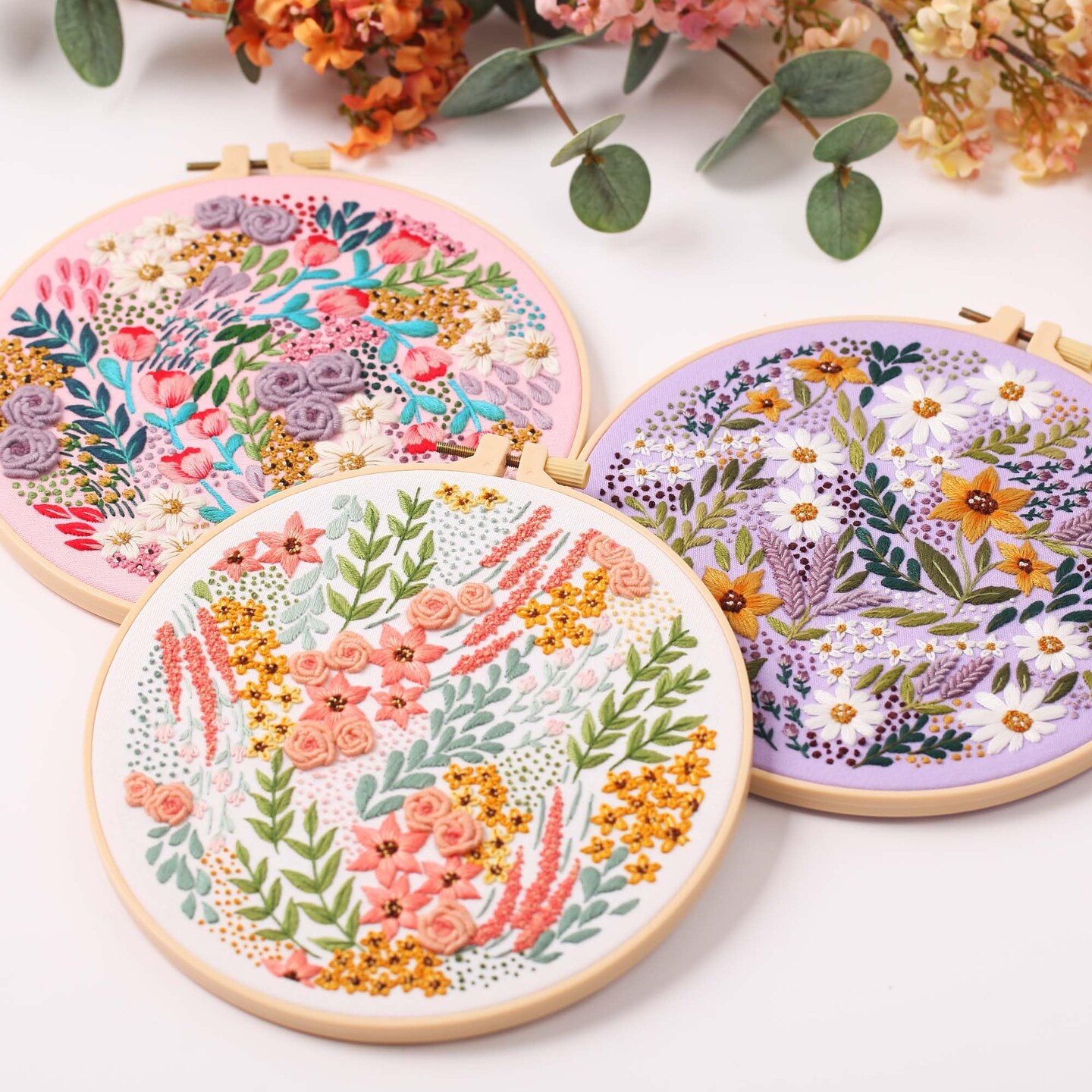 3 Pack Embroidery Starter kit with Patterns and Instructions, DIY Adult Cross Stitch Kits Beginner, Including 3 Plastic Embroidery Rings, 1 Scissors, Colored Threads and Needles