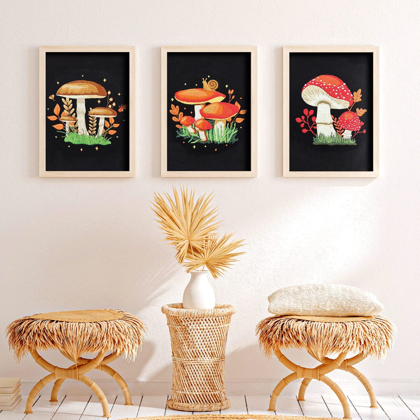 5 Sets Mushroom Embroidery Kit for Beginners with Pattern and Instructions Include Embroidery Cloth Hoops Threads for Craft Lover Hand Stitch DIY Adult Hand Needlepoint