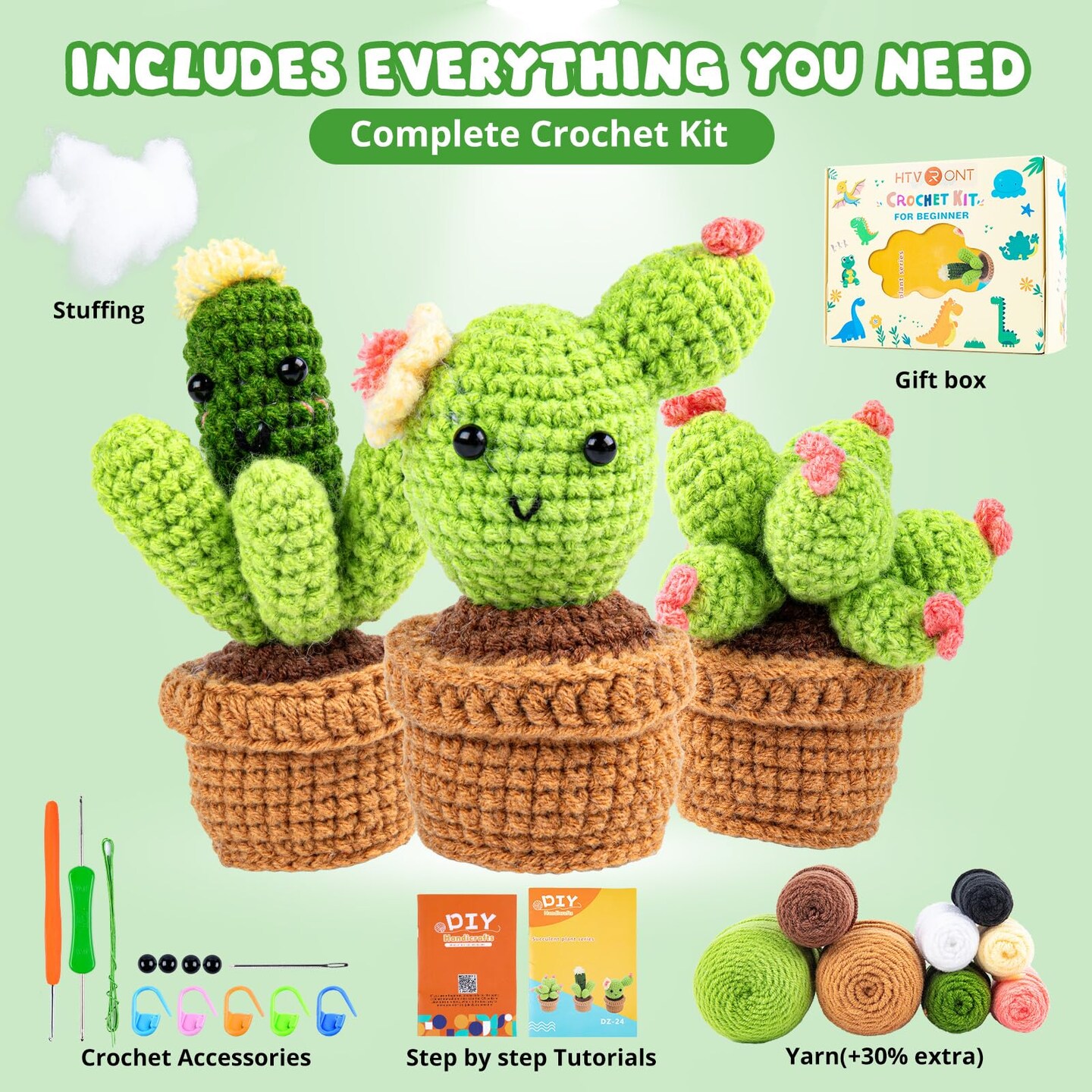 Crochet Kit for Beginners - Complete Crochet Kits with Stitch by Stitch Video Tutorial, Beginner Crochet Kit for Adults Kids Gift - Starter Easy Learn to Crochet Succulent Plants Family