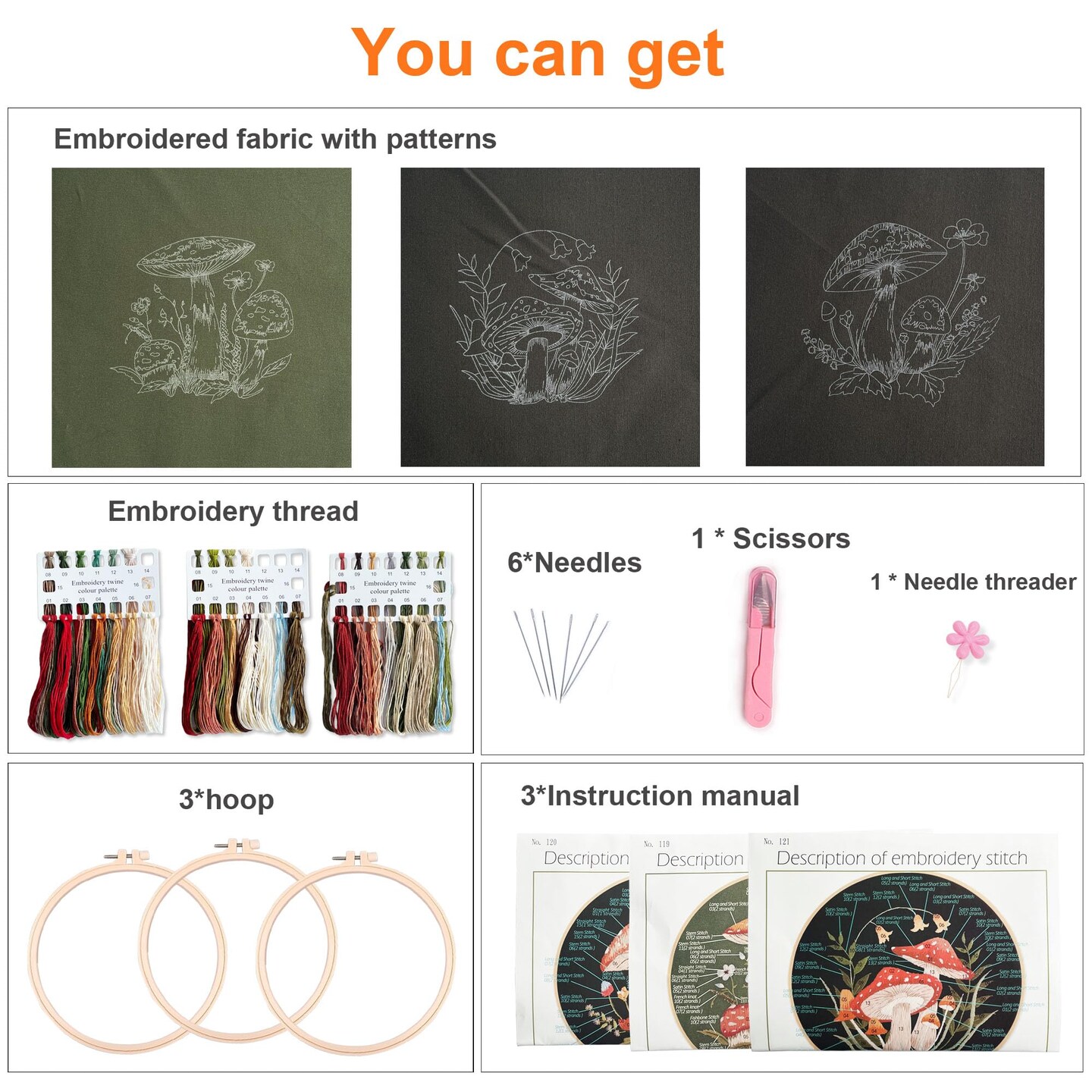 3 Sets Mushroom Embroidery kit, Adult Beginner DIY Needle kit,Art Craft Handy Sewing Set