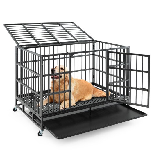 Black Metal Dog Crate Foldable Double Door Rolling Wheels Tray