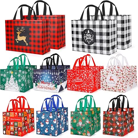 20 Pack Christmas Gift Bags Assorted Sizes, Reusable Tote Bags with Handle, Includes 4 Large 8 Medium 8 Small Non-Woven Christmas Bags for Xmas Party Favors