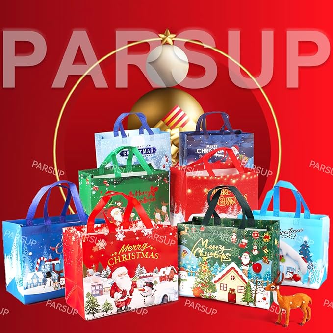 Christmas Gift Bags, BronzingChristmas Tote Bags with Handles, Christmas Treat Bags, Multifunctional Non-Woven Bags for Gifts Wrapping Shopping, Xmas Basket Party Supplies, 12.8&#x22;&#xD7;9.8&#x22;&#xD7;6.7&#x22;