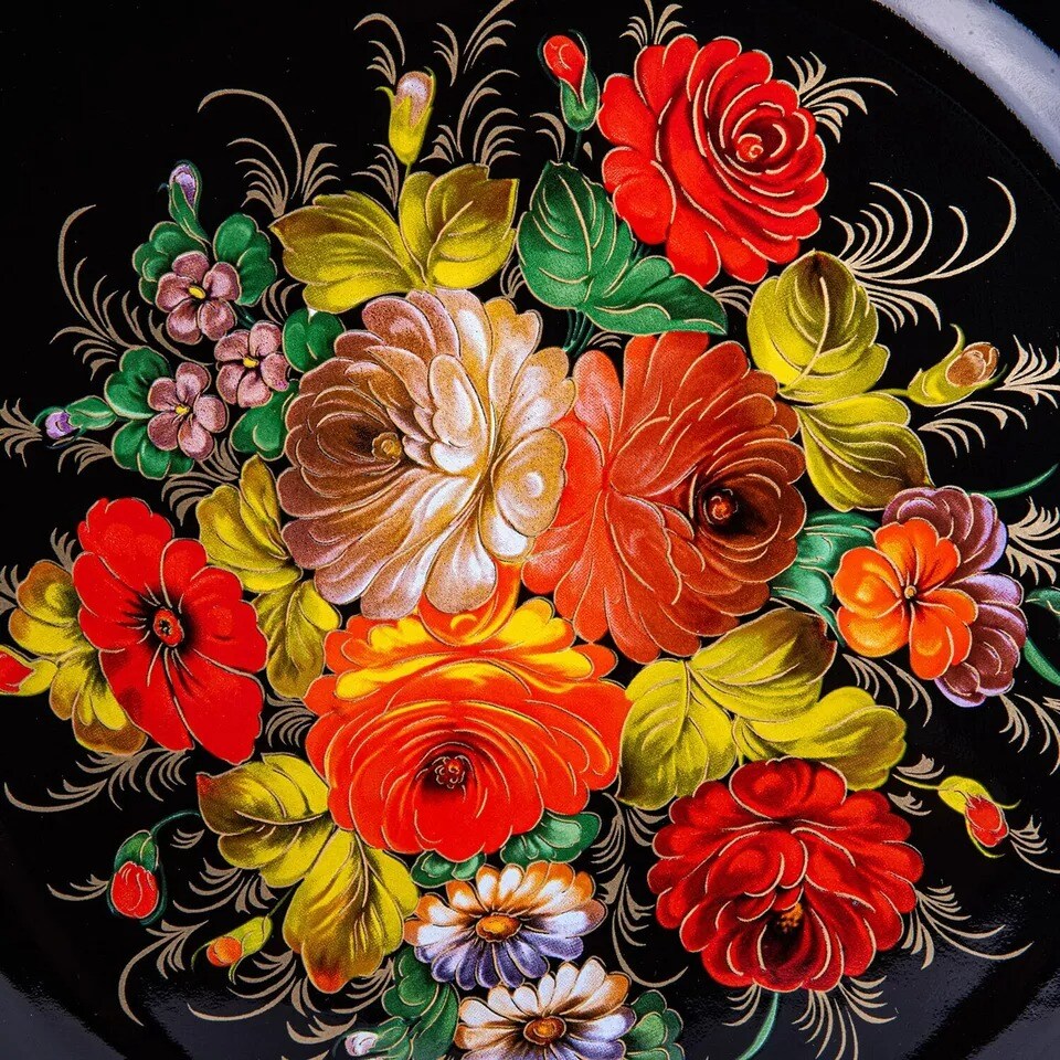 14&#x22; Stalemal ZHOSTOVO FLOWERS Black Enameled Serving Plate Enamel Platter
