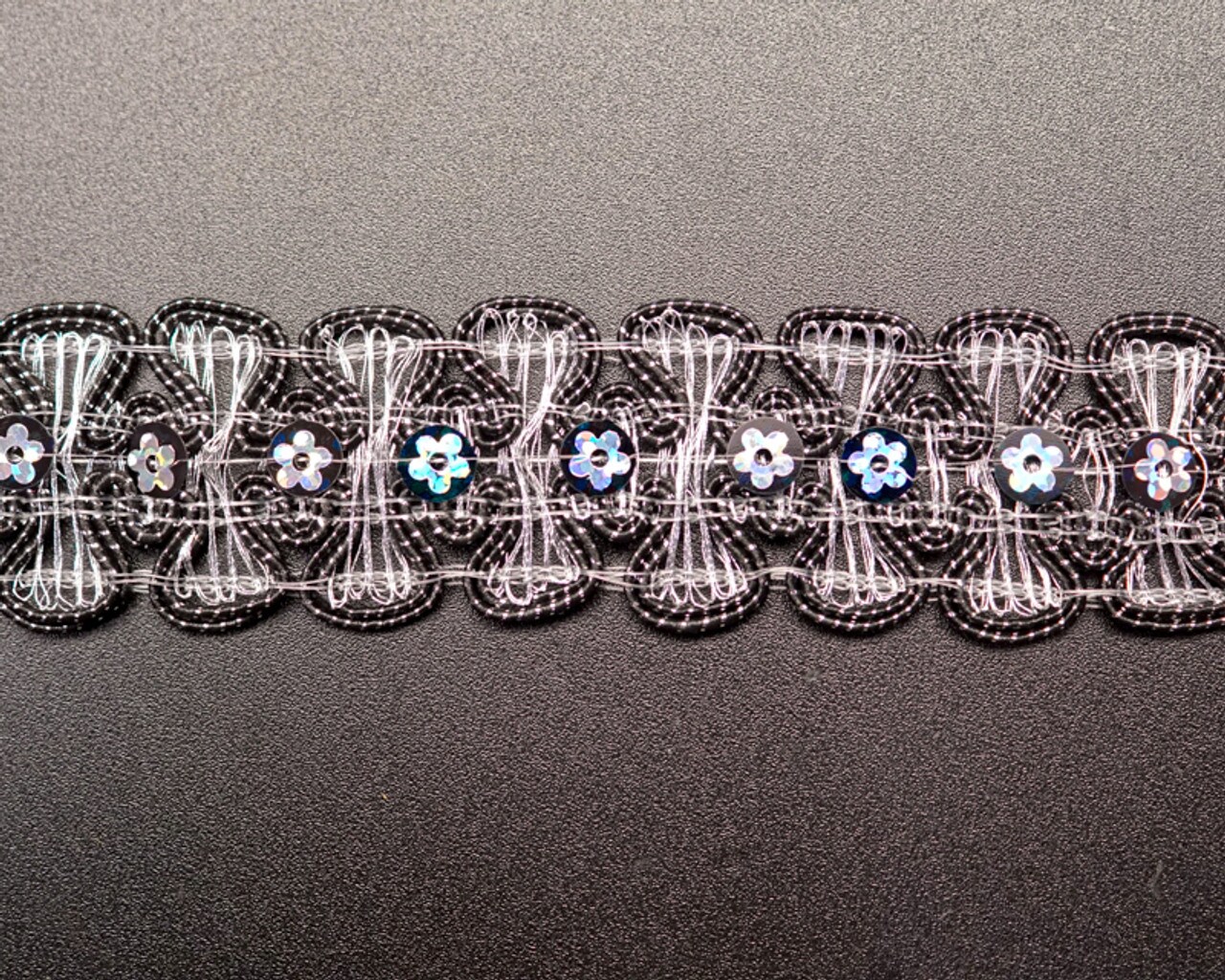 1 1/4" x 10 Yards Black/Silver Braided Floral Sequin Trim Pack of 5